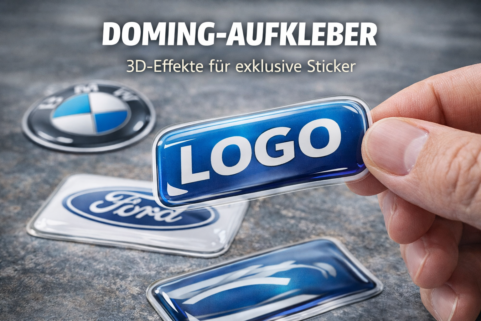 Doming-Aufkleber mit gewölbter Kunstharz-Schicht und 3D-Effekt — Logo-Aufkleber von aufkleberdrucker.de