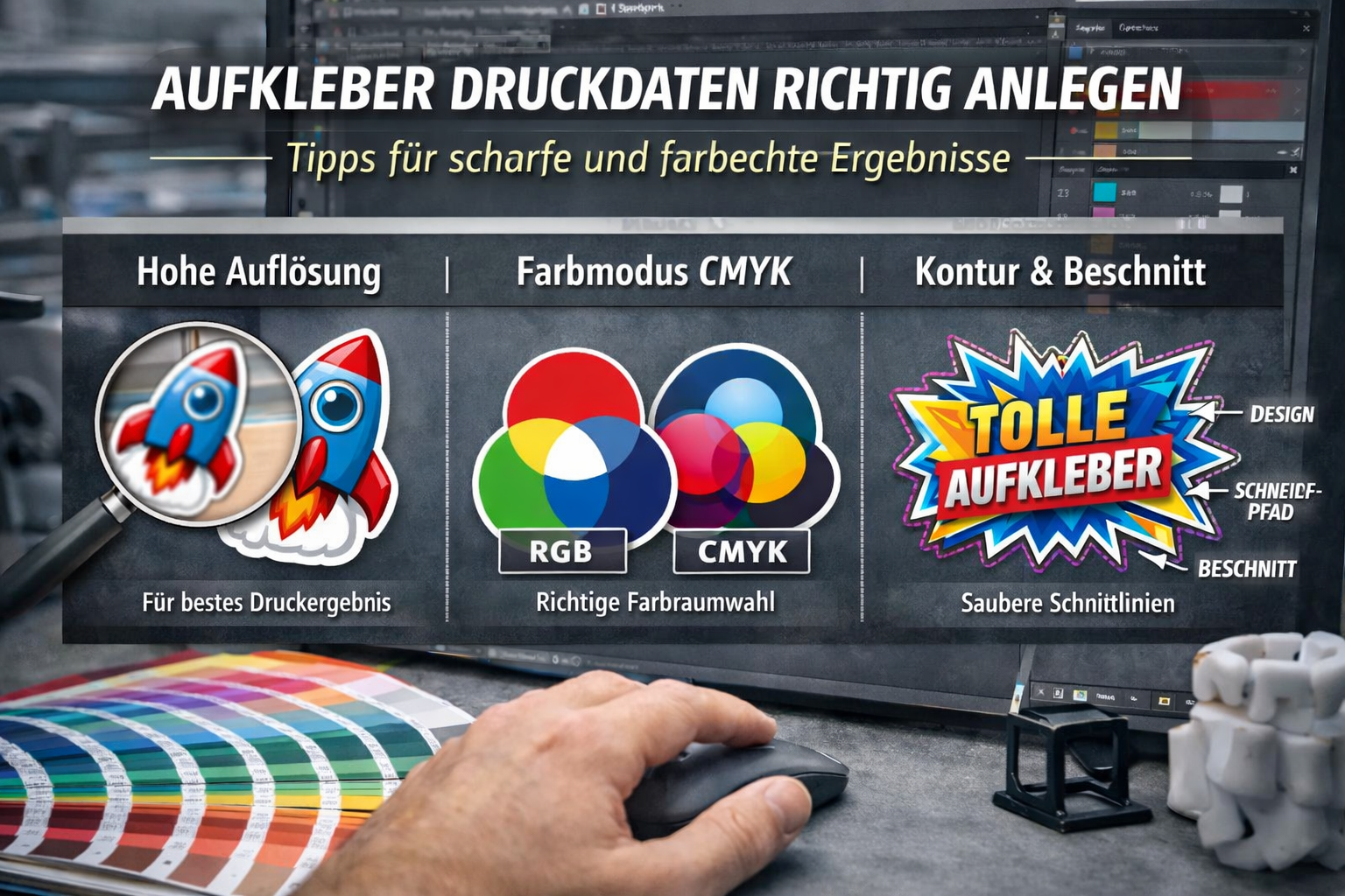 Drucker mit Aufkleber-Druckvorlage in Pfeil-Form auf farbiger Vinylfolie — aufkleberdrucker.de