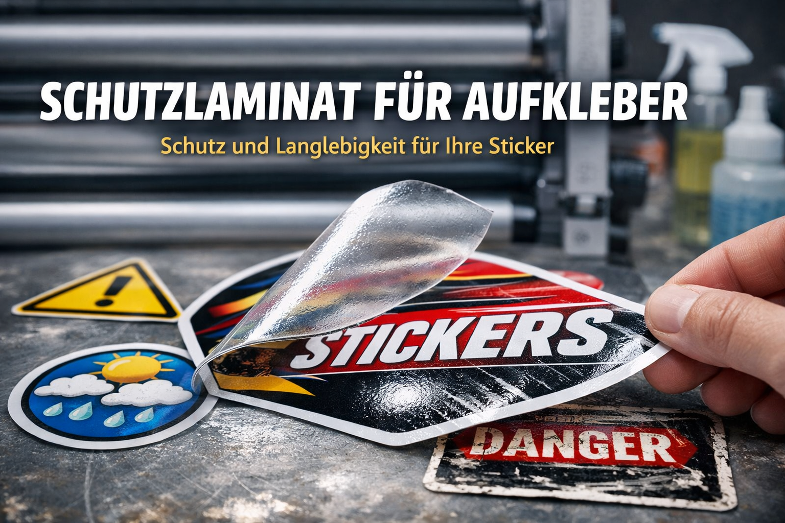 Laminierter Aufkleber im Detail — transparente Schutzschicht über Digitaldruck auf Vinylfolie, aufkleberdrucker.de