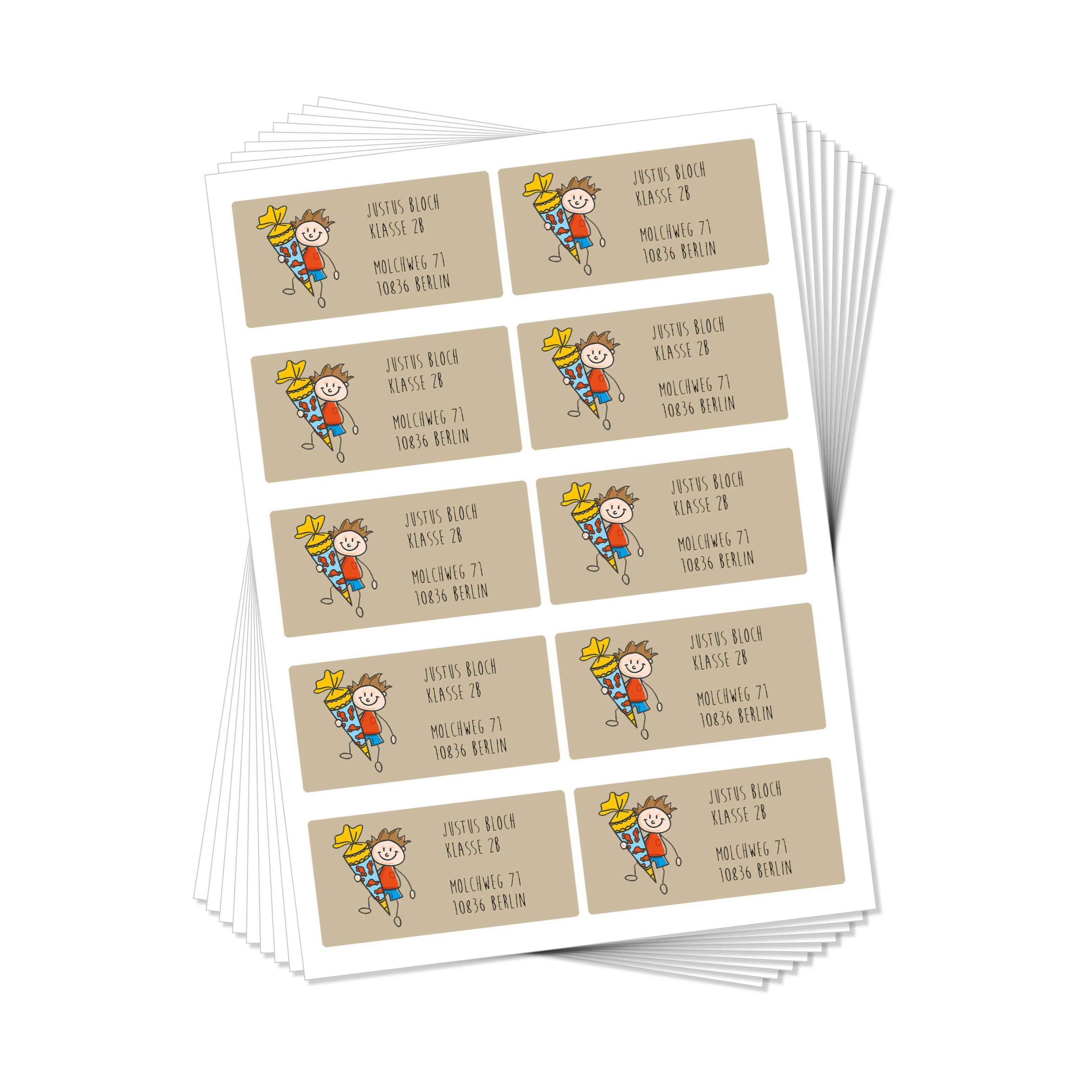 Hundert individuelle Adressaufkleber in 50x25 mm mit Hintergrund, ideal für Schule, Kita und Co., von aufkleberdrucker.de