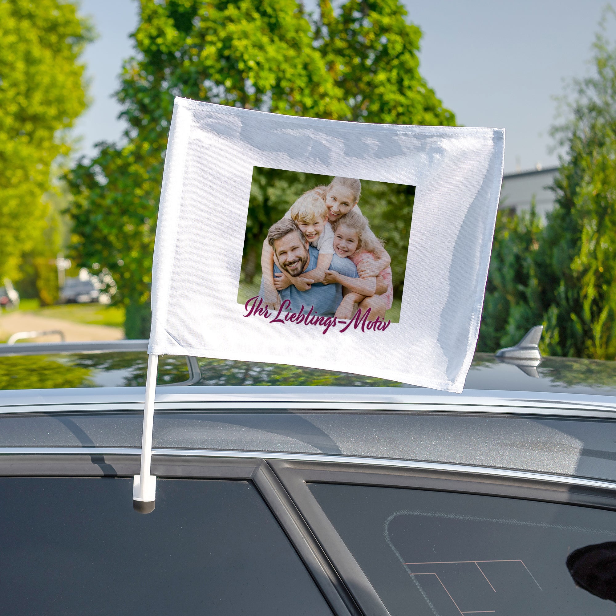 Individuelle Autofahne mit Halterung (400 x 300 mm) – Bedruckte Autoflagge für Werbung, Events & Fan