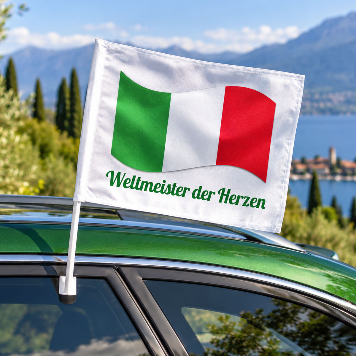 Individuelle Autofahne von kinder-druckerei.de, 400 x 300 mm, mit Halterung, bedruckte Autoflagge für Werbung, Events und Fans.