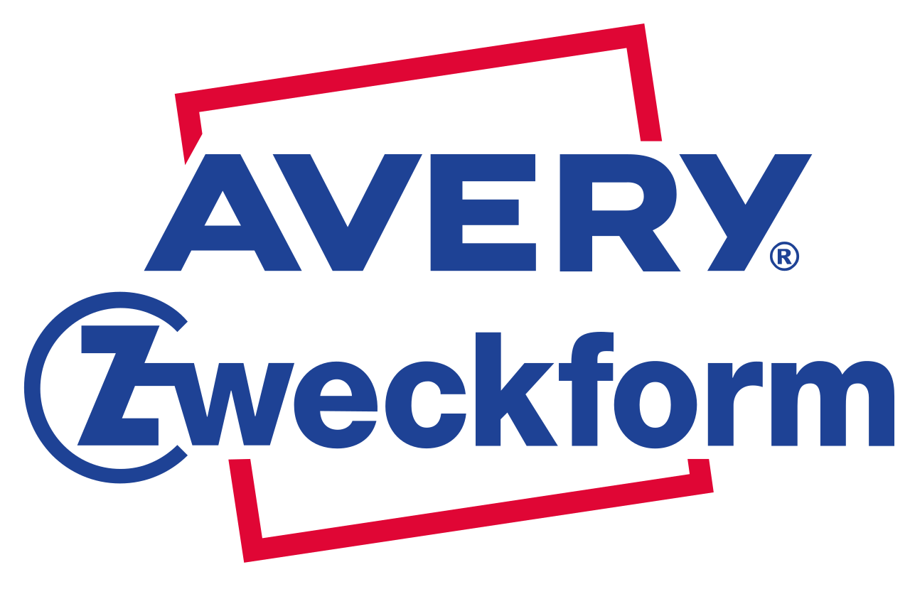 Avery Zweckform Logo auf einem weißen Hintergrund, repräsentiert die Marke für Aufkleberdrucker