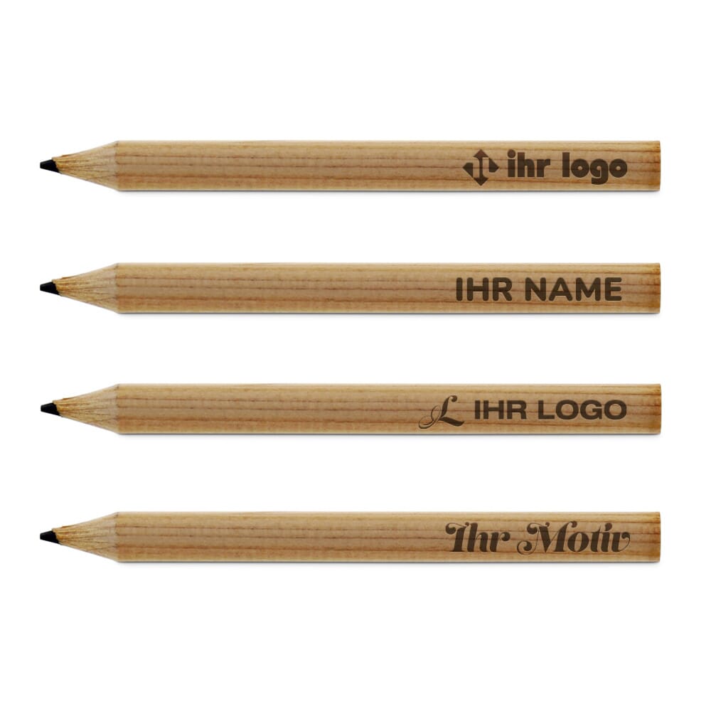 Kleine Bleistifte ab 25 Stück mit Gravurmaß 65x5 mm, kurze Schreibstifte von gravur-fabrik.de, ideal für Geschenke oder Werbezwecke.