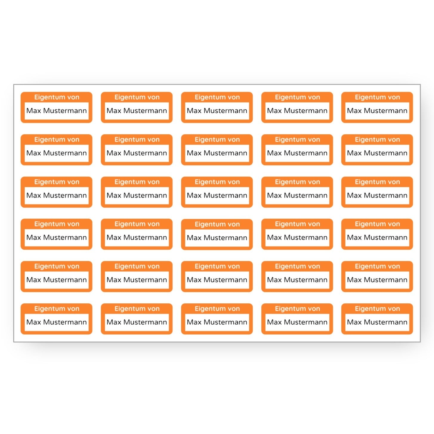 30 personalisierte Eigentum-Aufkleber in Orange, 30x13 mm, auf einem Bogen, ideal für Inventar- und Eigentumskennzeichnungen