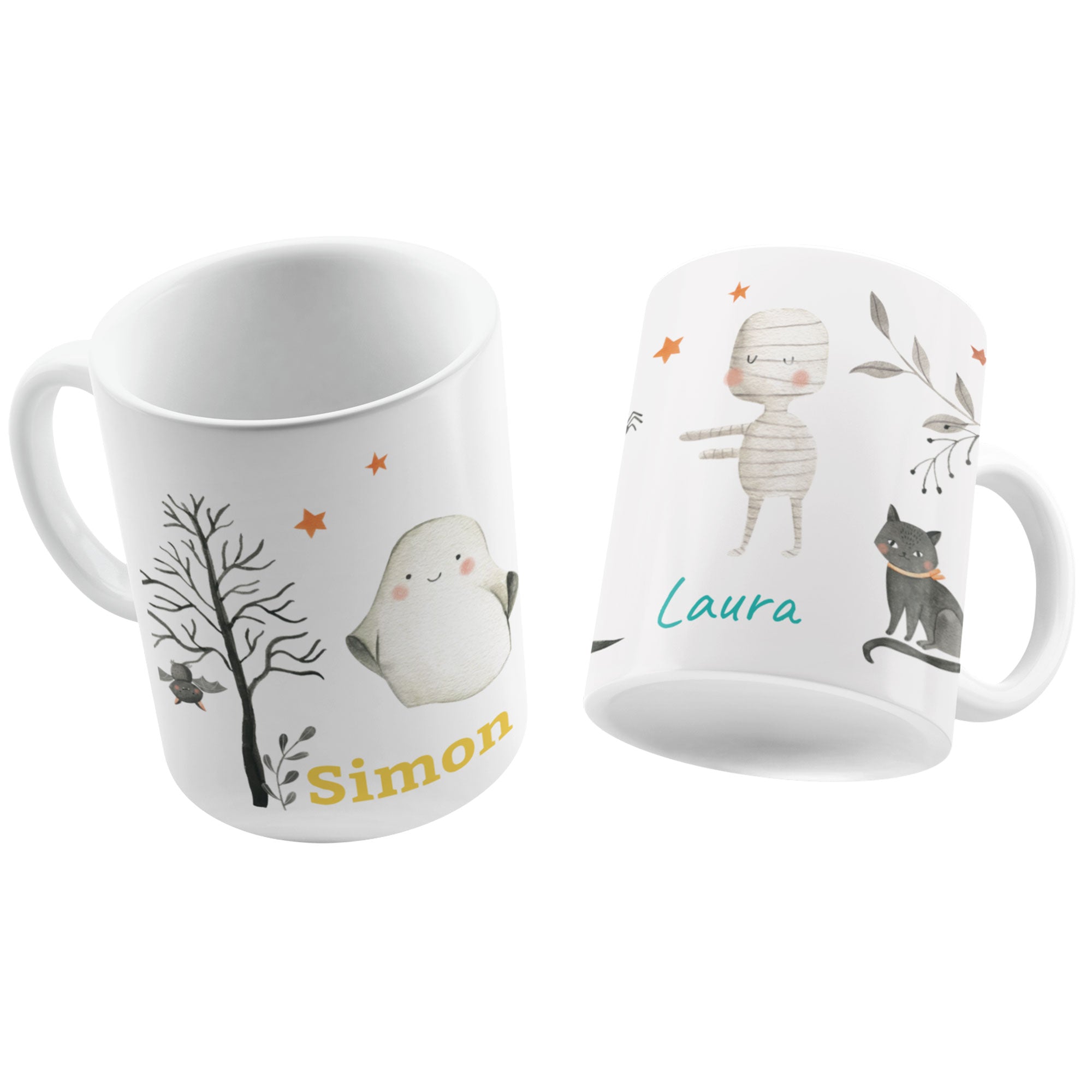 Personalisierte Kindertasse mit Namen, bunte Aquarell-Welten und Halloween-Motiv, kindgerechtes Geschirr für Kinder