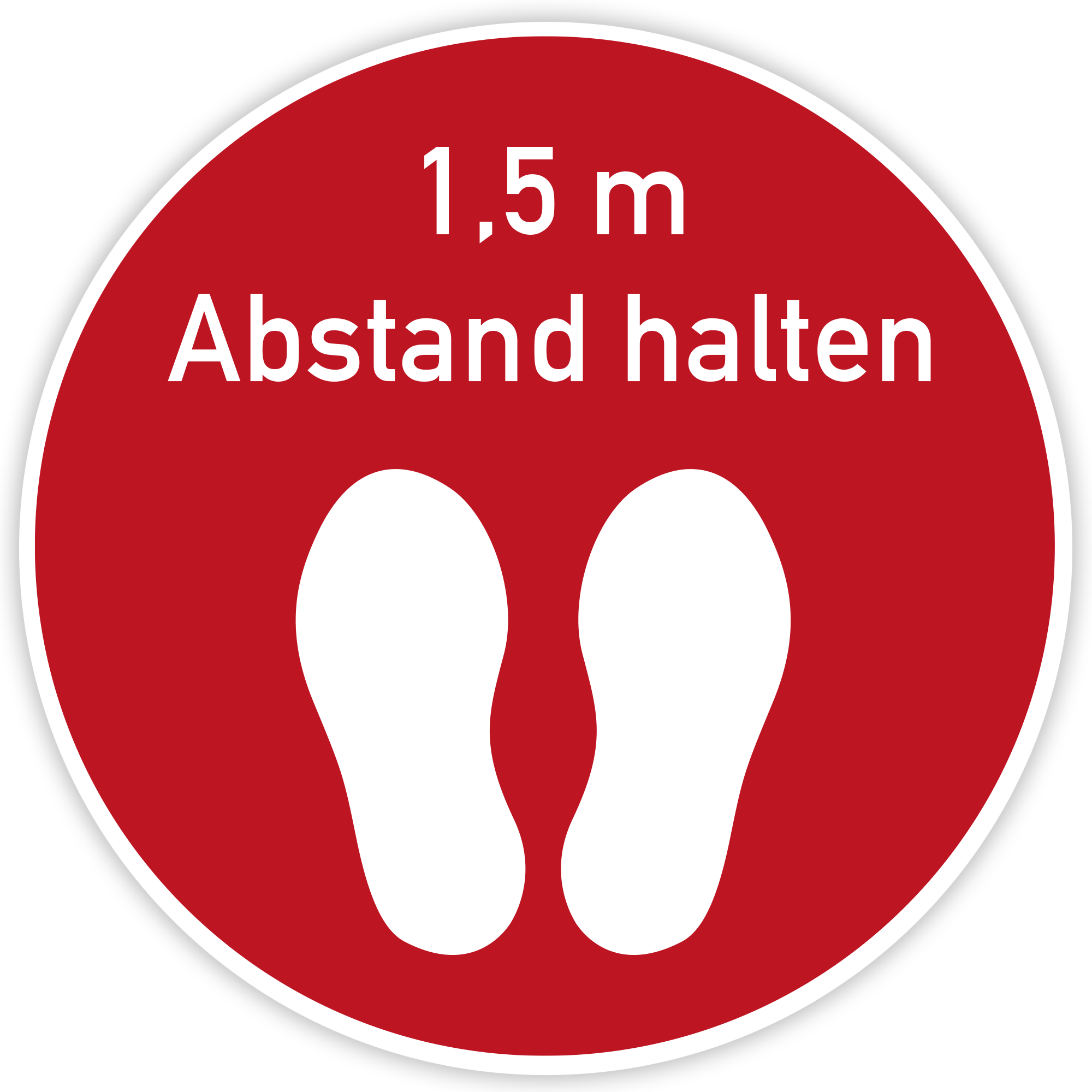 Roter Fußbodenaufkleber 400x400 mm mit Abstand halten Text auf glatter Oberfläche, deutlich sichtbar und gut lesbar