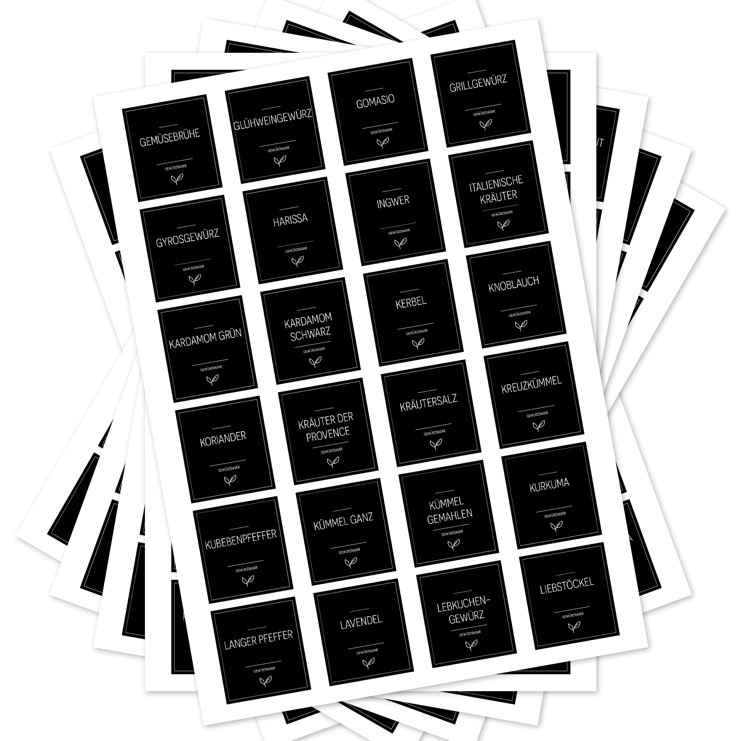 Schwarze Gewürzetiketten für Gewürzgläser, rechteckiges Design, 144 Stück, von aufkleberdrucker.de, perfekt zum Beschriften.