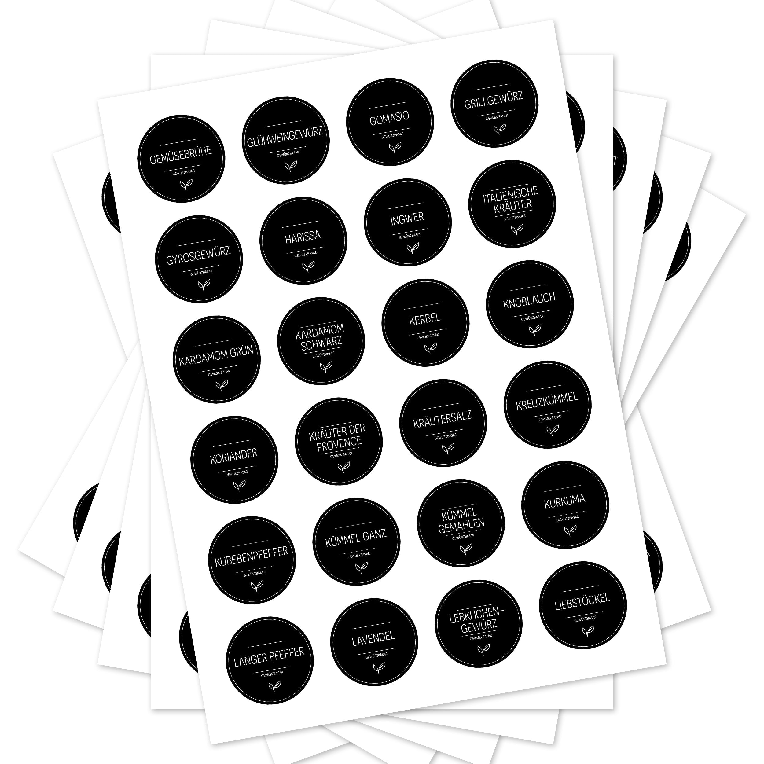 Rundes schwarzes Gewürzetikett für Gläser, 144 Stück, aufkleberdrucker.de, ideal zum Beschriften von Gewürzgläsern