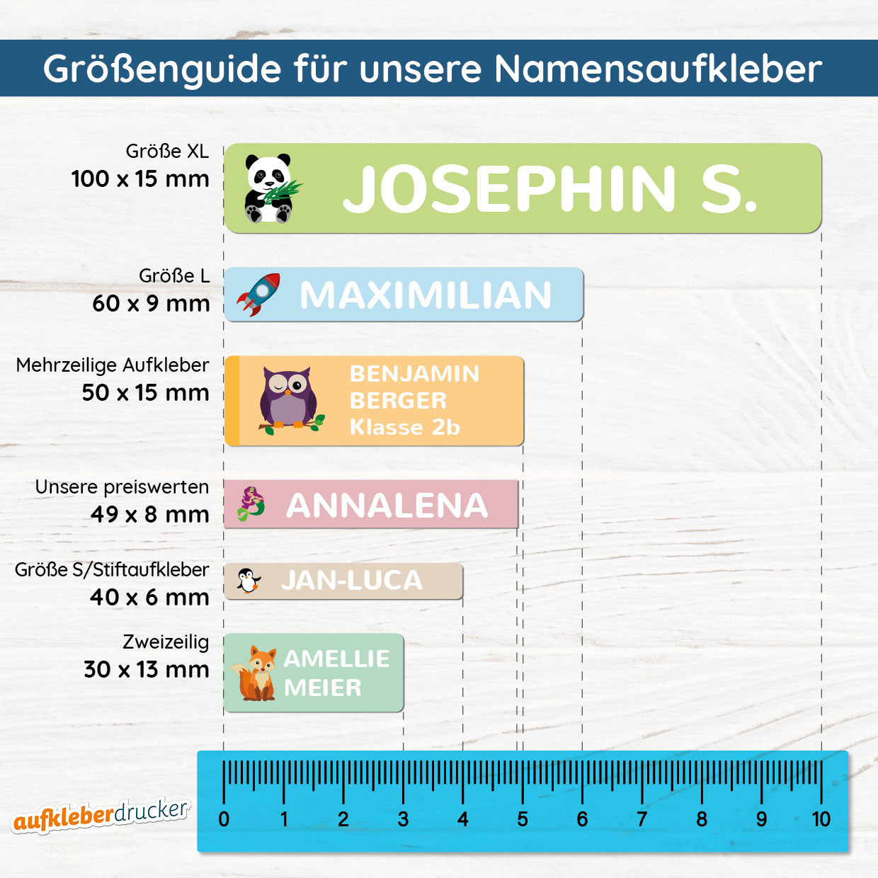 80 große Namensaufkleber für Kinder, XL-Größe 100x15 mm, von aufkleberdrucker.de, auf weißem Hintergrund sichtbar