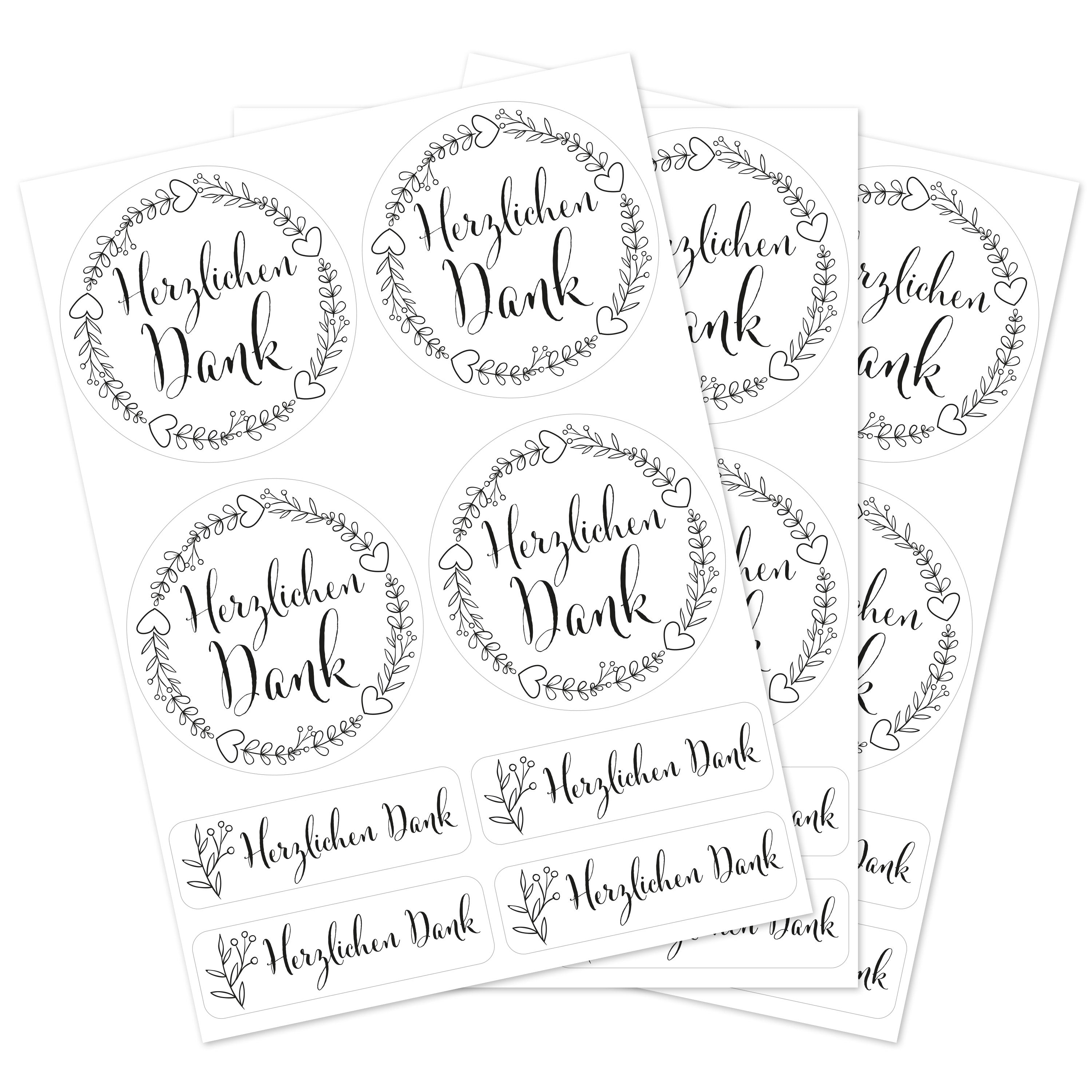 Schwarz-weißer Hochzeitsaufkleber mit Danktext, Set mit 80 verschiedenen Größen, aufkleberdrucker.de