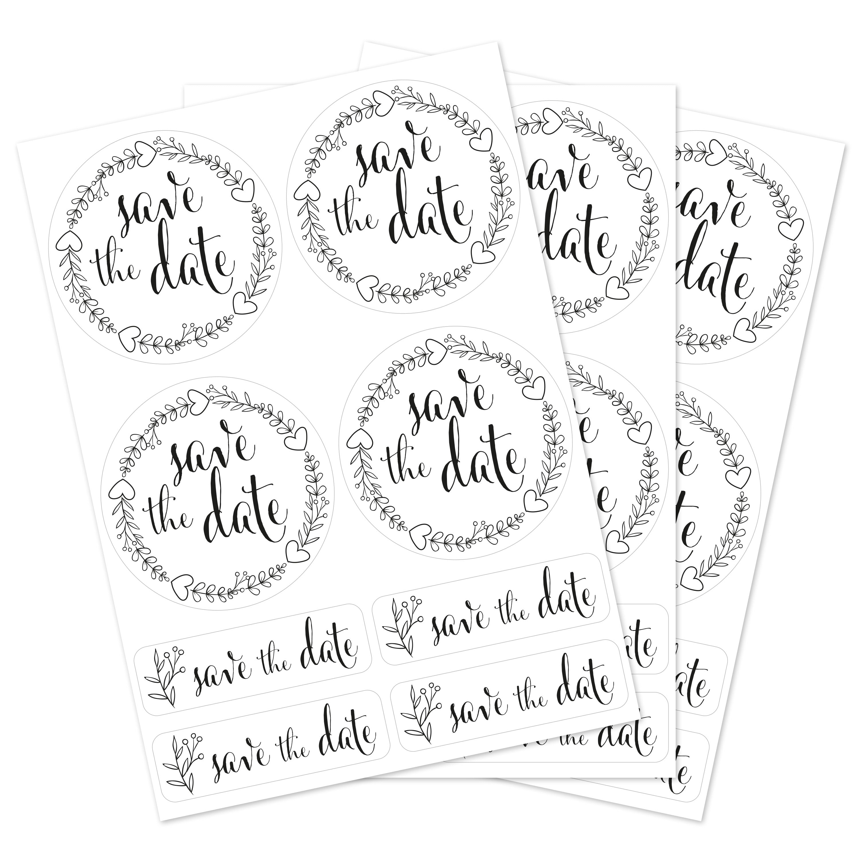 Schwarz-weiße Hochzeitsaufkleber im Set mit 80 verschiedenen Größen und Texten, ideal für Dekoration und Einladungen