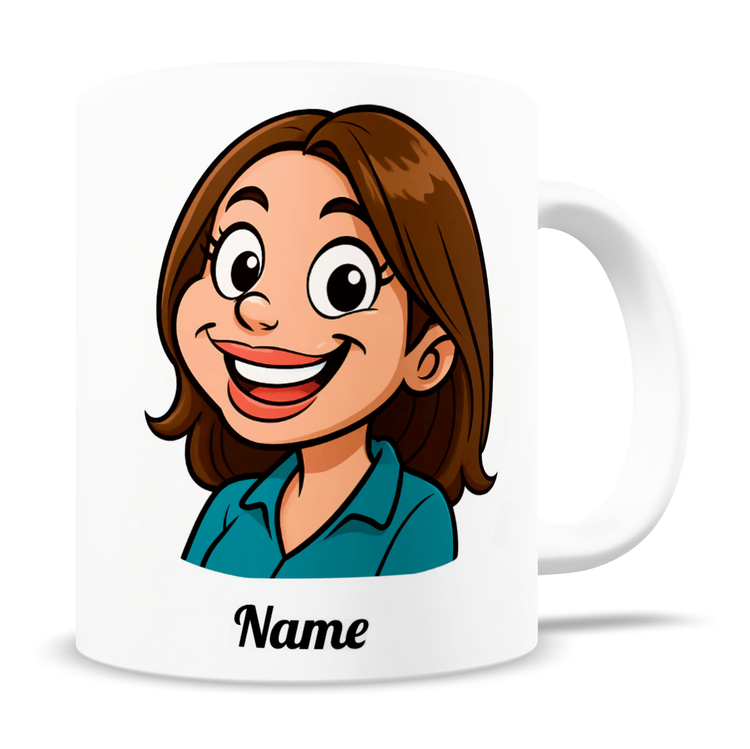 Personalisierte Keramiktasse mit Namen und Karikatur, humorvolles Comic-Design, ideal als Geschenk oder persönlicher Begleiter.