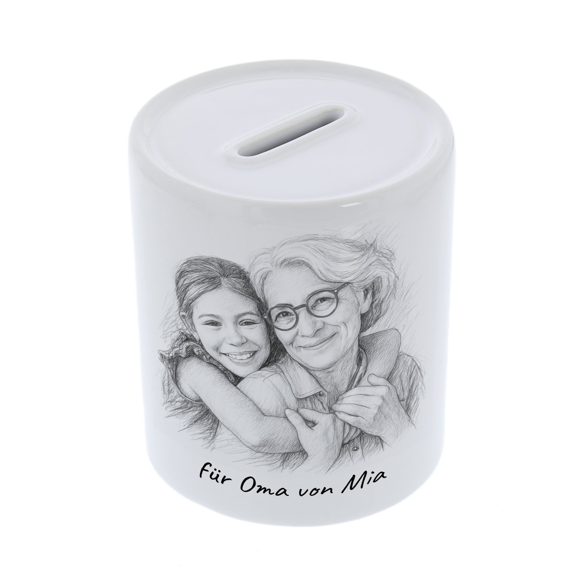 Spardose mit Bleistiftzeichnung und Individualisierung - aufkleberdrucker.de