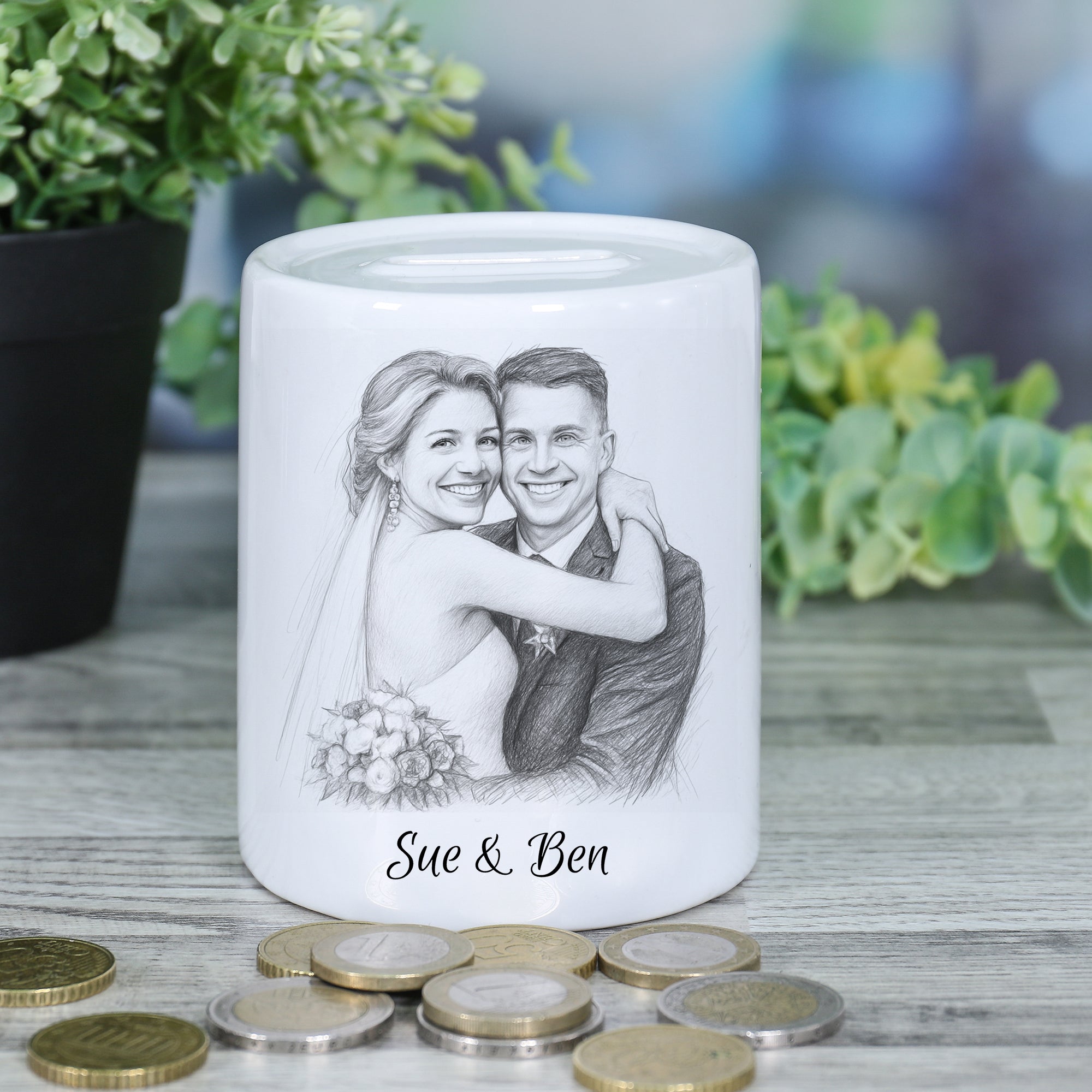 Spardose mit Bleistiftzeichnung und Individualisierung - aufkleberdrucker.de