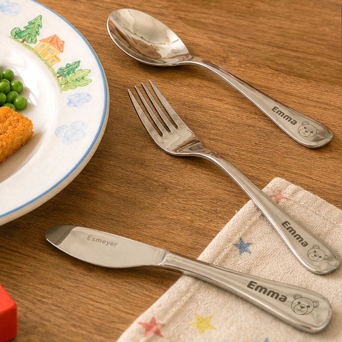 Kinderbesteck 3-teilig von Esmeyer mit gravierten Namen, kinderfreundliches Besteckset aus Edelstahl für kleine Hände.