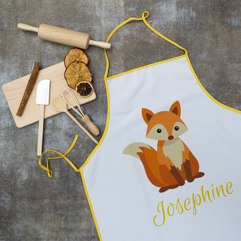 Kinderschürze mit Fuchs-Design und individuellem Druck für Kinder, aus der kinder-druckerei.de Kollektion.