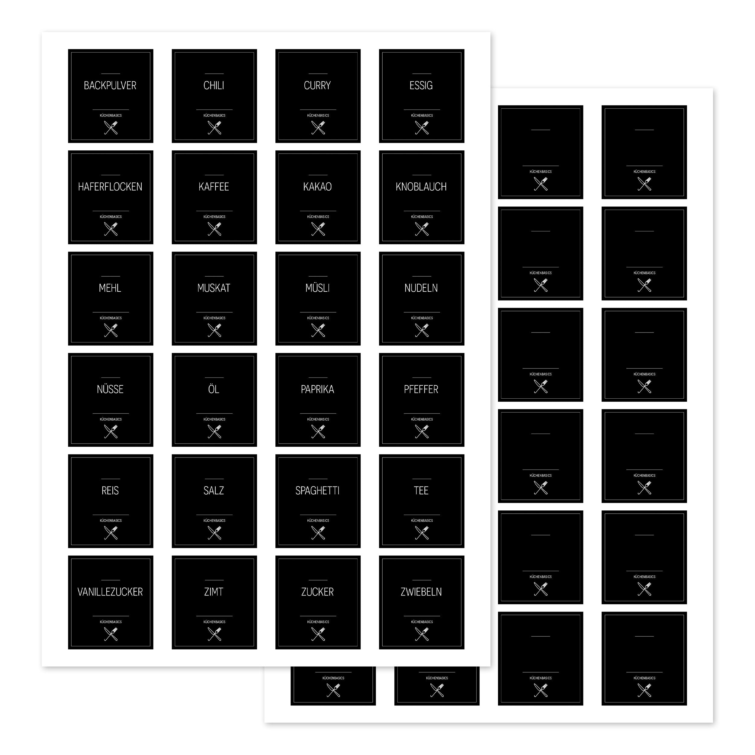 Schwarze, eckige Küchenaufkleber im Set mit 48 Stück auf kleinem Hintergrund, ideal für Küchen-Dekoration und Beschriftung.