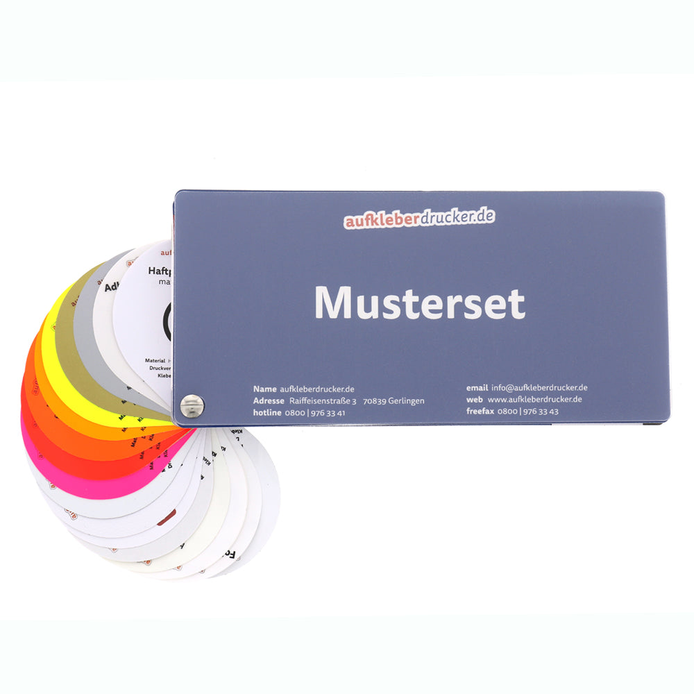 Verschiedene bunte Aufkleber im Musterset Standard von aufkleberdrucker.de, ideal für Firmenkunden, auf weißem Hintergrund.