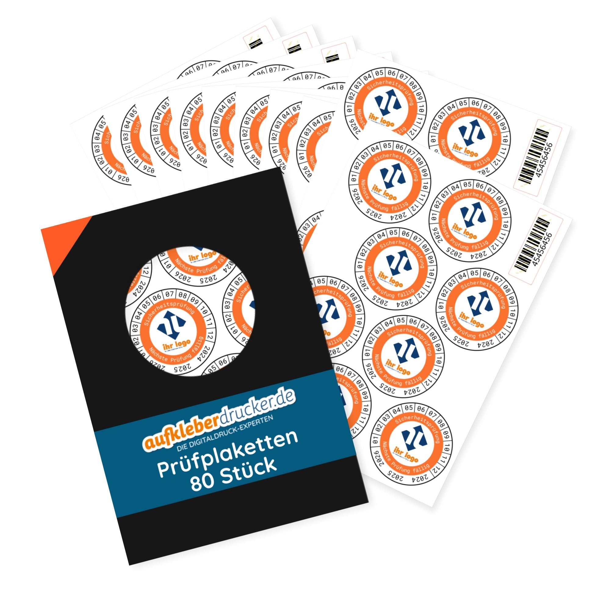 80 Orafol Prüfplaketten, Jahres- und Monats-Siegel, 35 mm mit individuellem Logo, für Fahrzeugkontrollen und Prüfungen