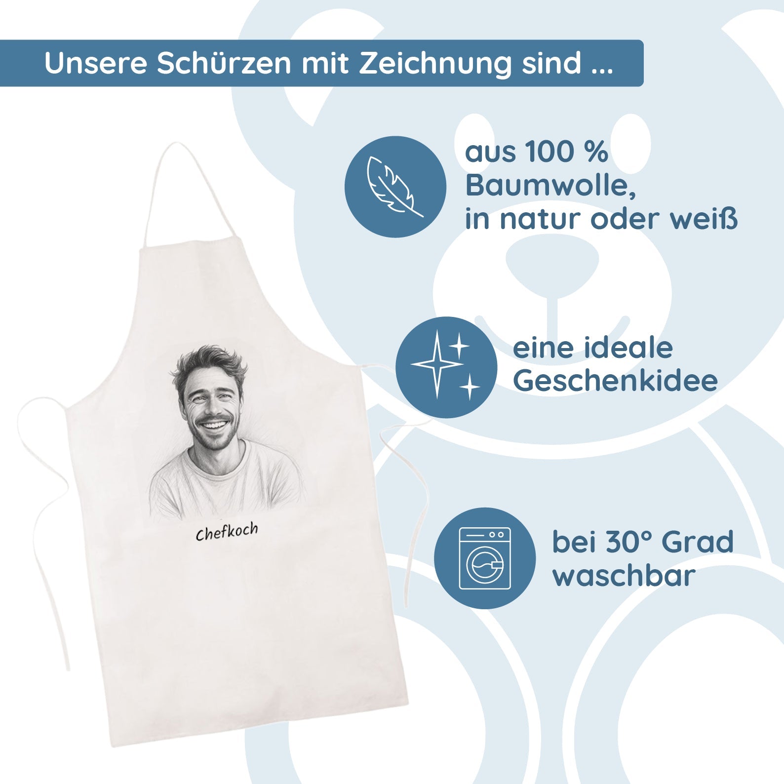 Kinder-schürze mit Bleistiftzeichnung und Text, langlebiges Baumwollmaterial, ideal für kreative Kinderaktivitäten.