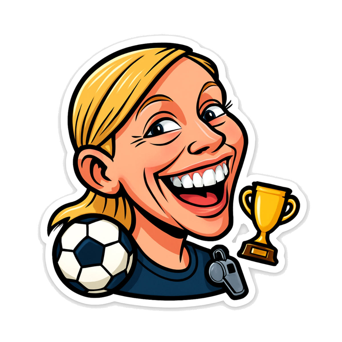 Personalisierter Fußball-Fan Karikatur-Sticker nach Foto, konturgeschnitten, von aufkleberdrucker.de, ideal für Fans und Sammler.