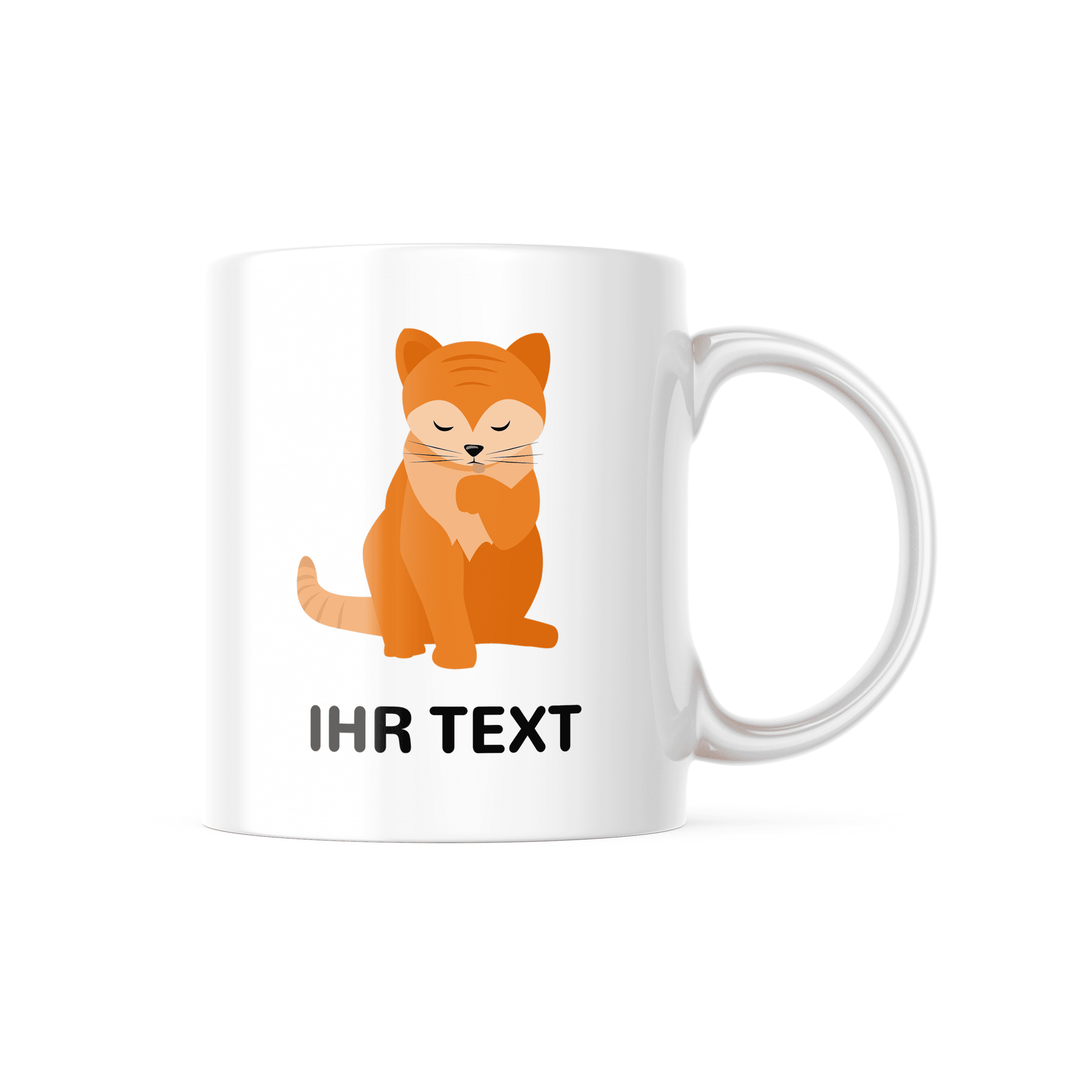 Weiße Keramiktasse mit Kindermotiv und individuellem Druck, zeigt eine Katze und personalisierten Text.