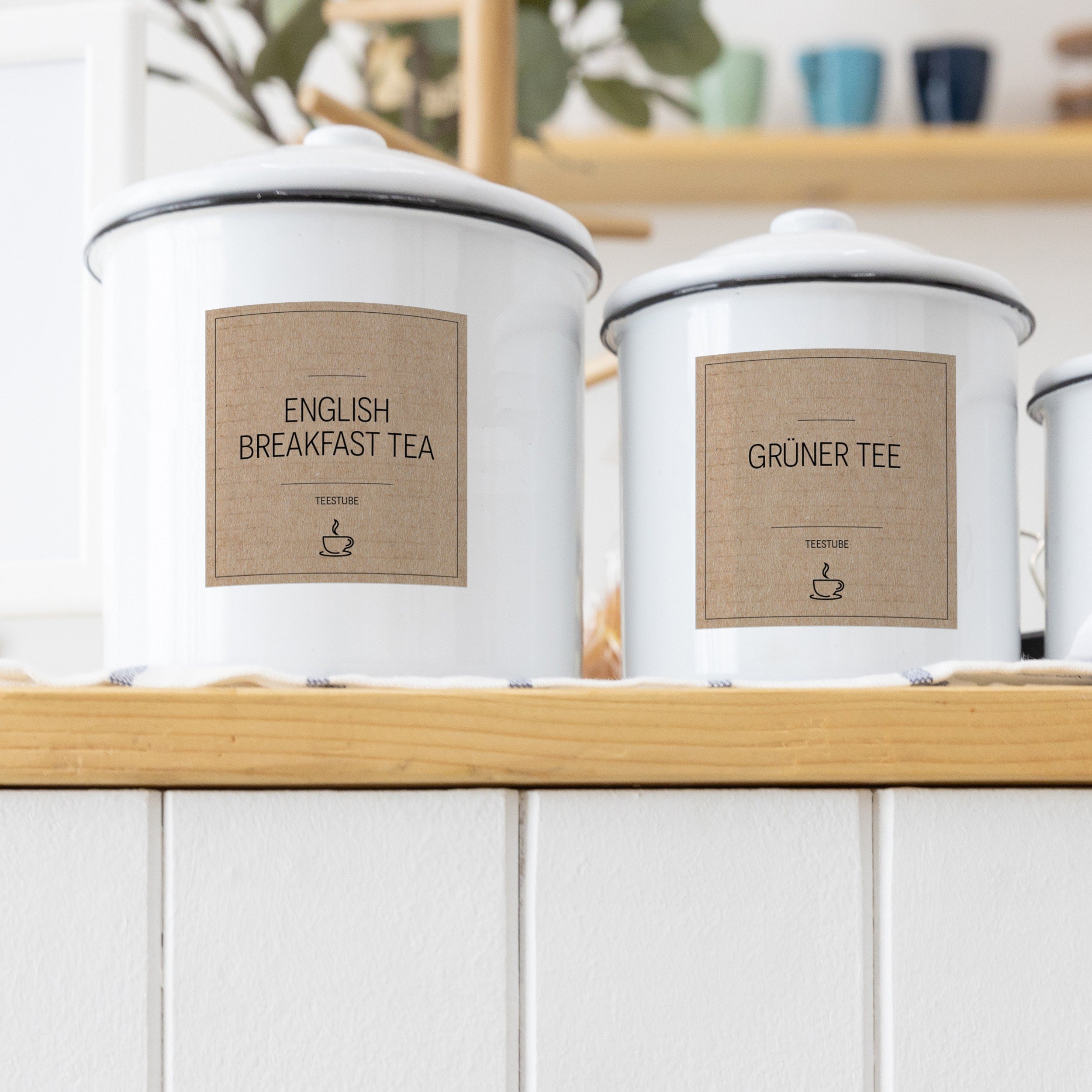 Set mit 48 braunen, eckigen Tee-Aufklebern für Teedosen, ideal für Teestube oder Teeliebhaber, von aufkleberdrucker.de