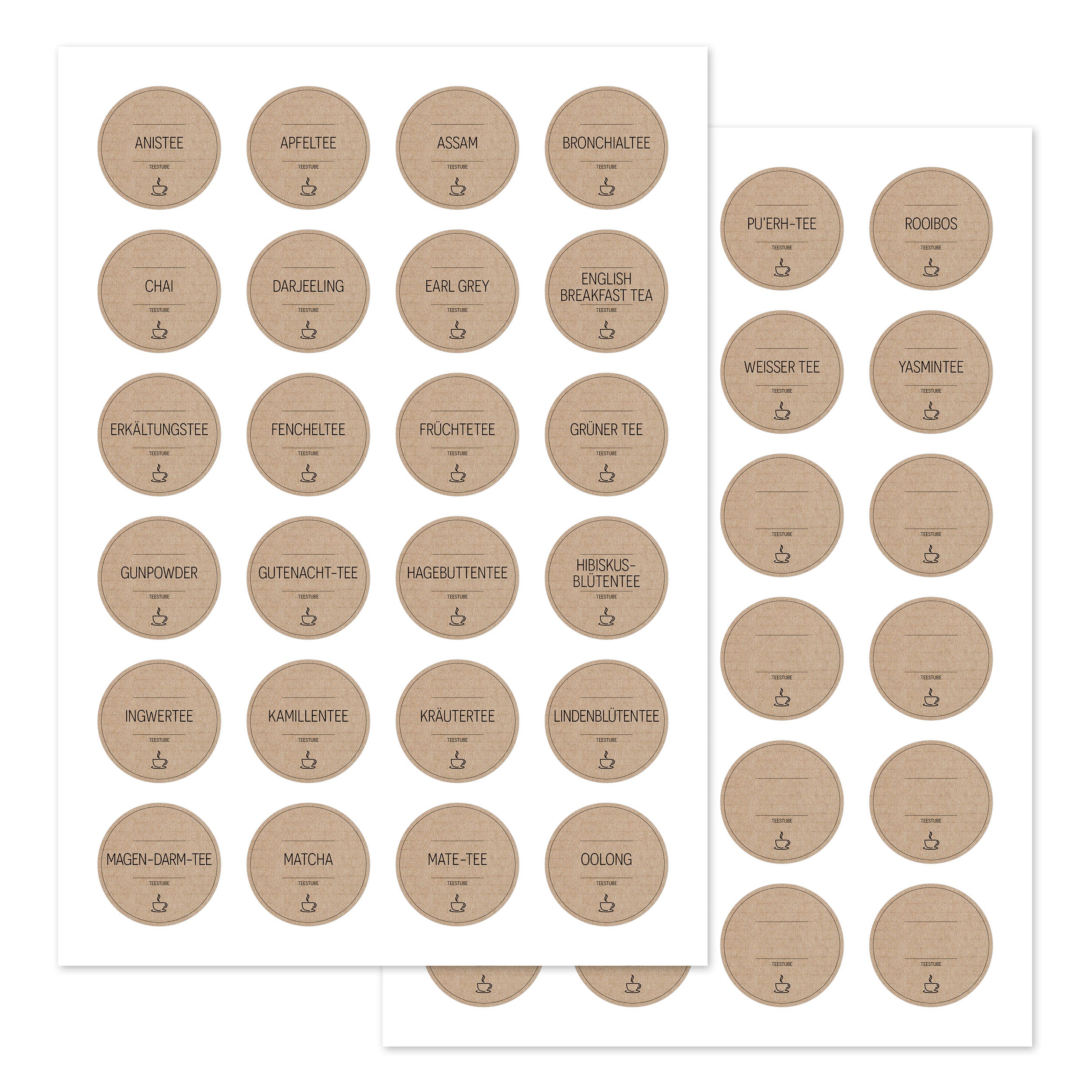Runde Teedosen-Aufkleber mit braunem Design, perfekt für Tee-Etiketten, im Set mit 48 Aufklebern von aufkleberdrucker.de