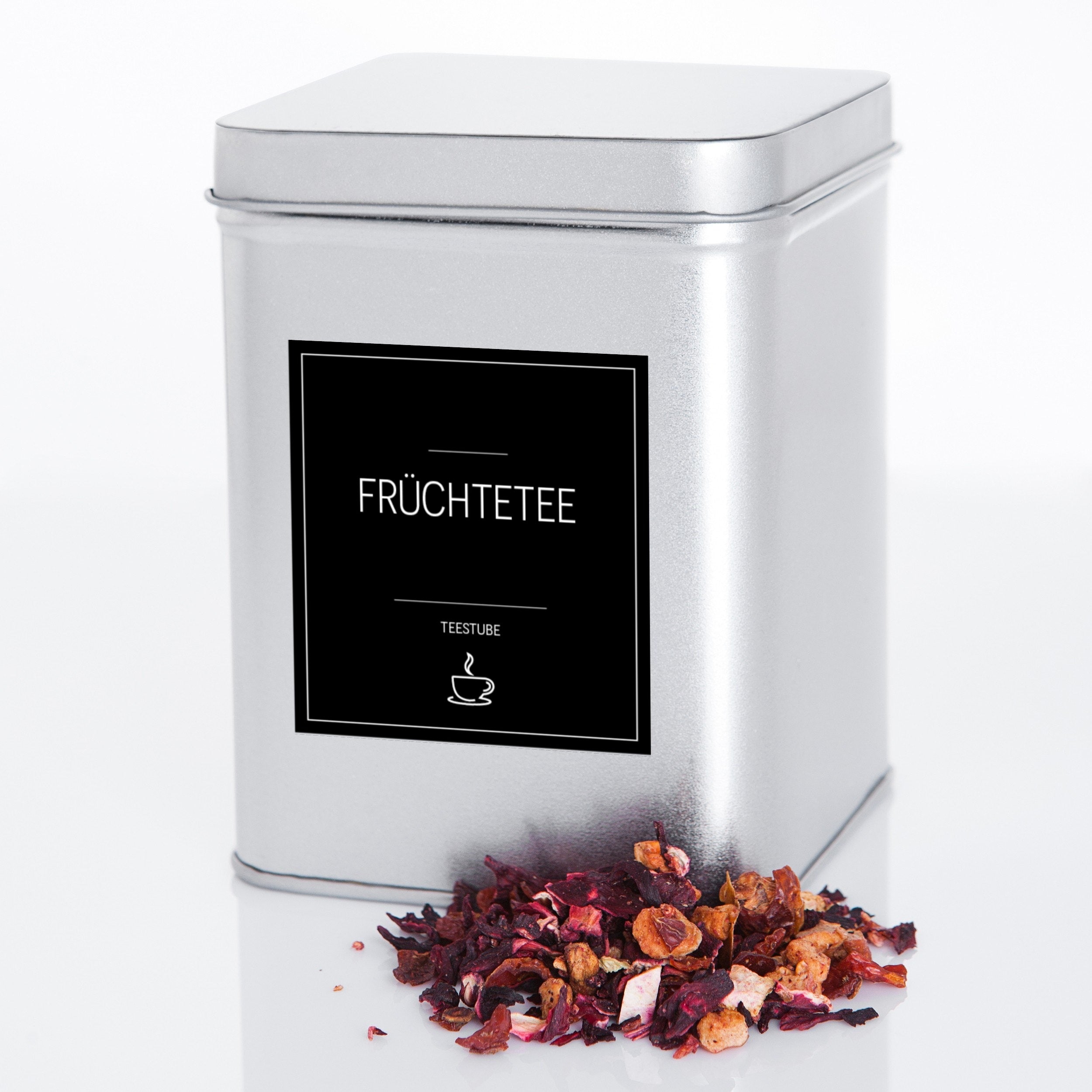 Schwarze, eckige Aufkleber für Teedosen mit Tee-Labels, Set mit 48 Stück von aufkleberdrucker.de, ideal für Tee-Etiketten.