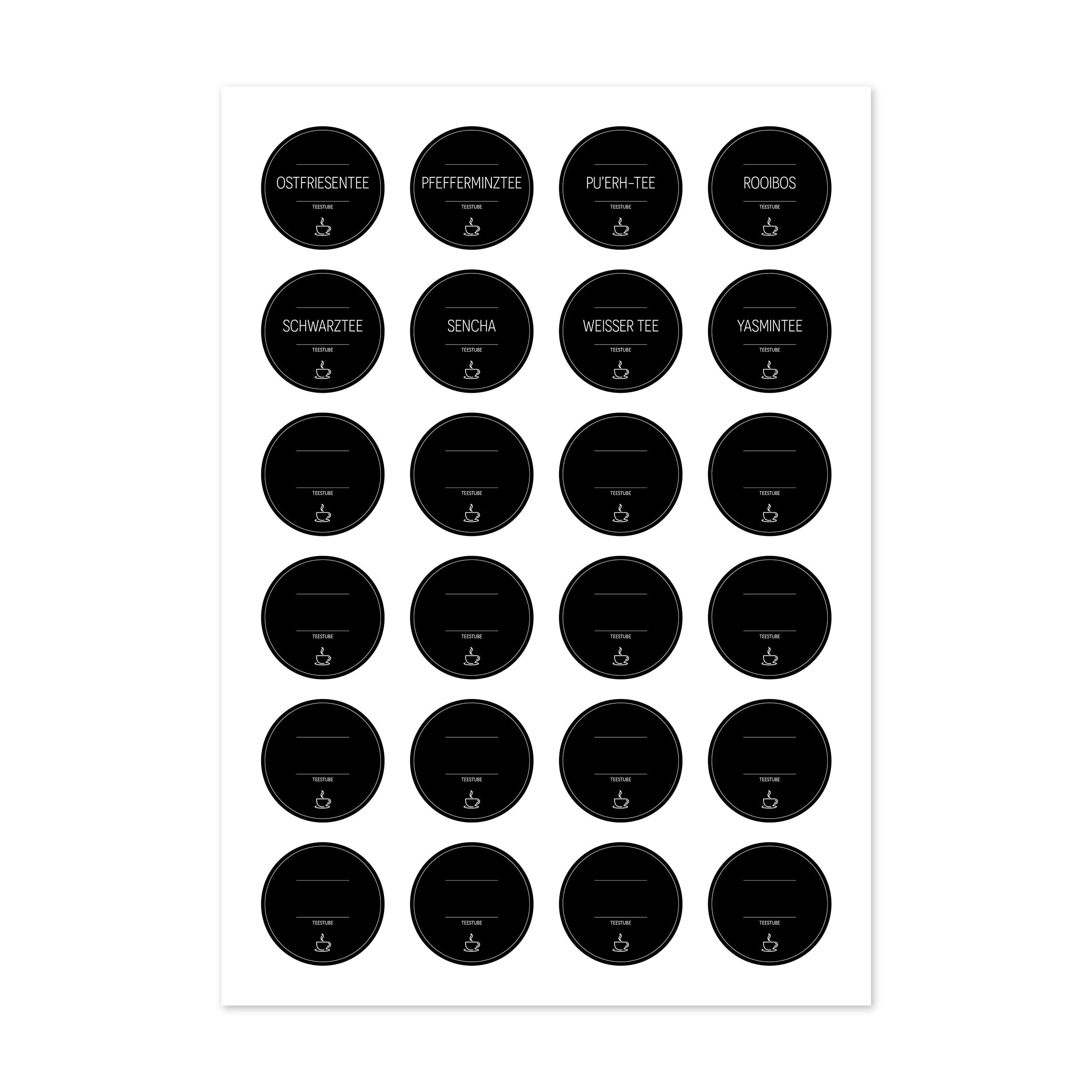 Runde schwarze Tee-Aufkleber für Teedosen, Set mit 48 Etiketten, ideal für Tee- und Teedosen, von aufkleberdrucker.de