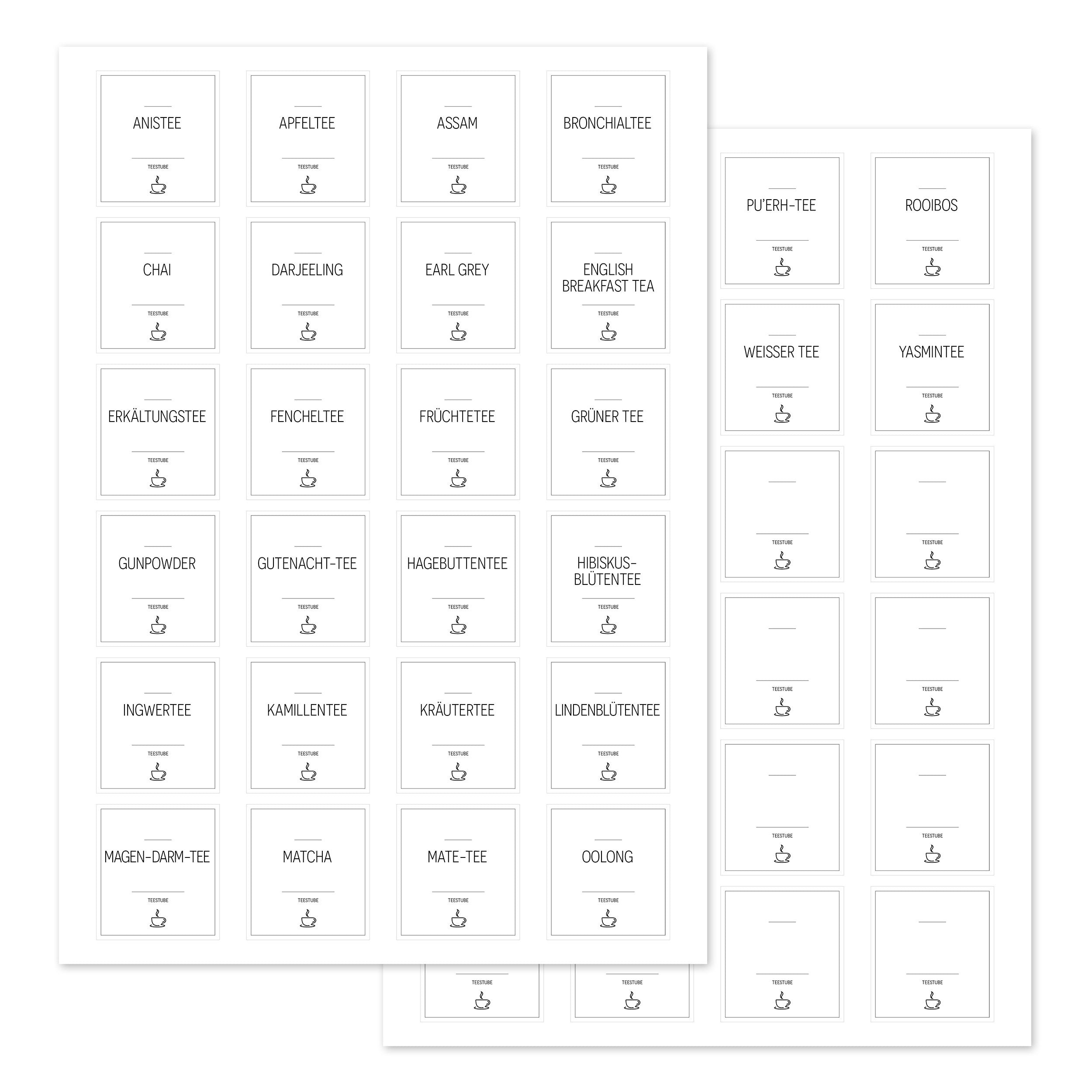 Weiße, eckige Tee-Aufkleber für Teedosen, Set mit 48 Etiketten, perfekt für die Beschriftung von Teedosen, von aufkleberdrucker.de