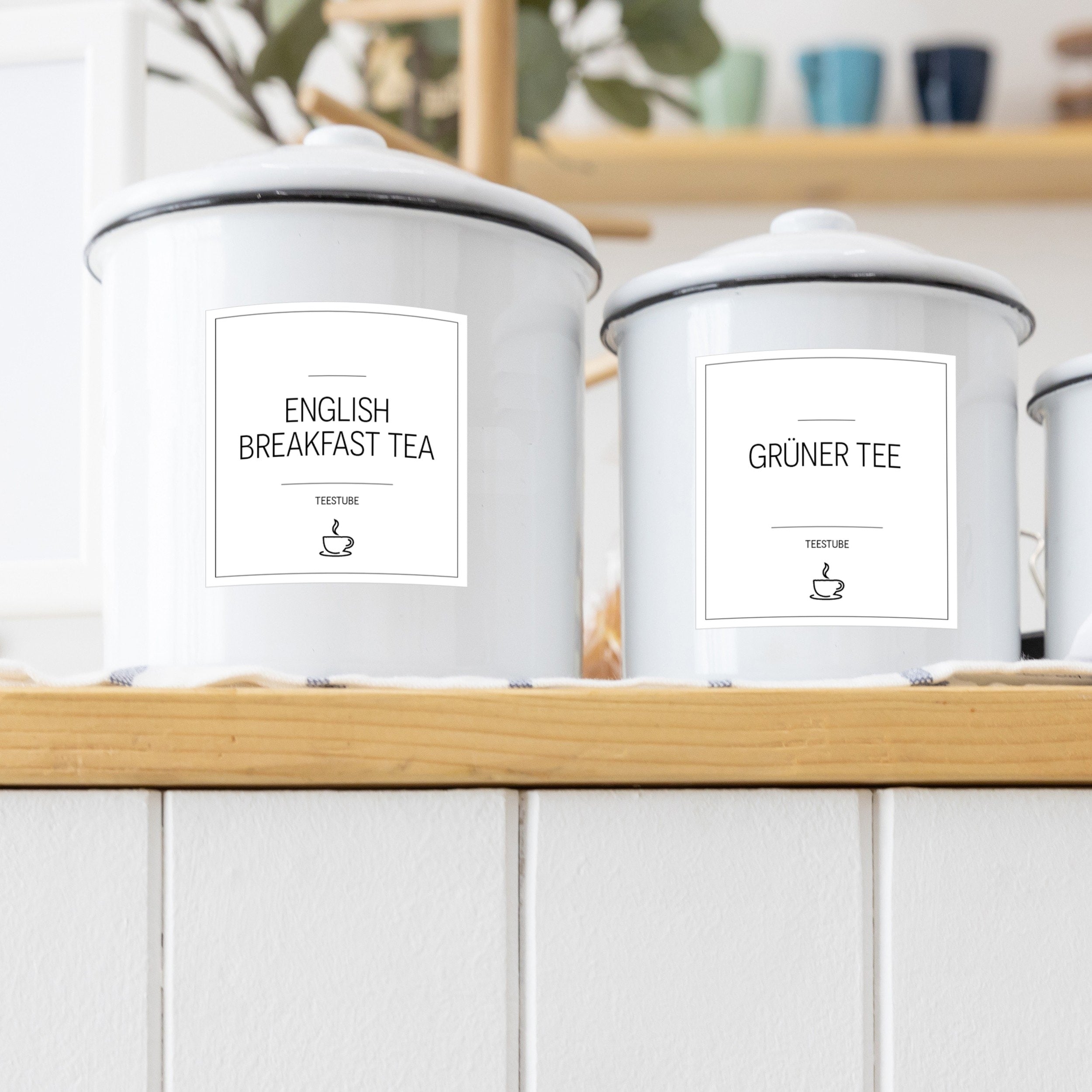 Weißer, eckiger Teedosen-Aufkleber mit Tee-Etiketten im Set, ideal zum Beschriften von Teedosen, von aufkleberdrucker.de