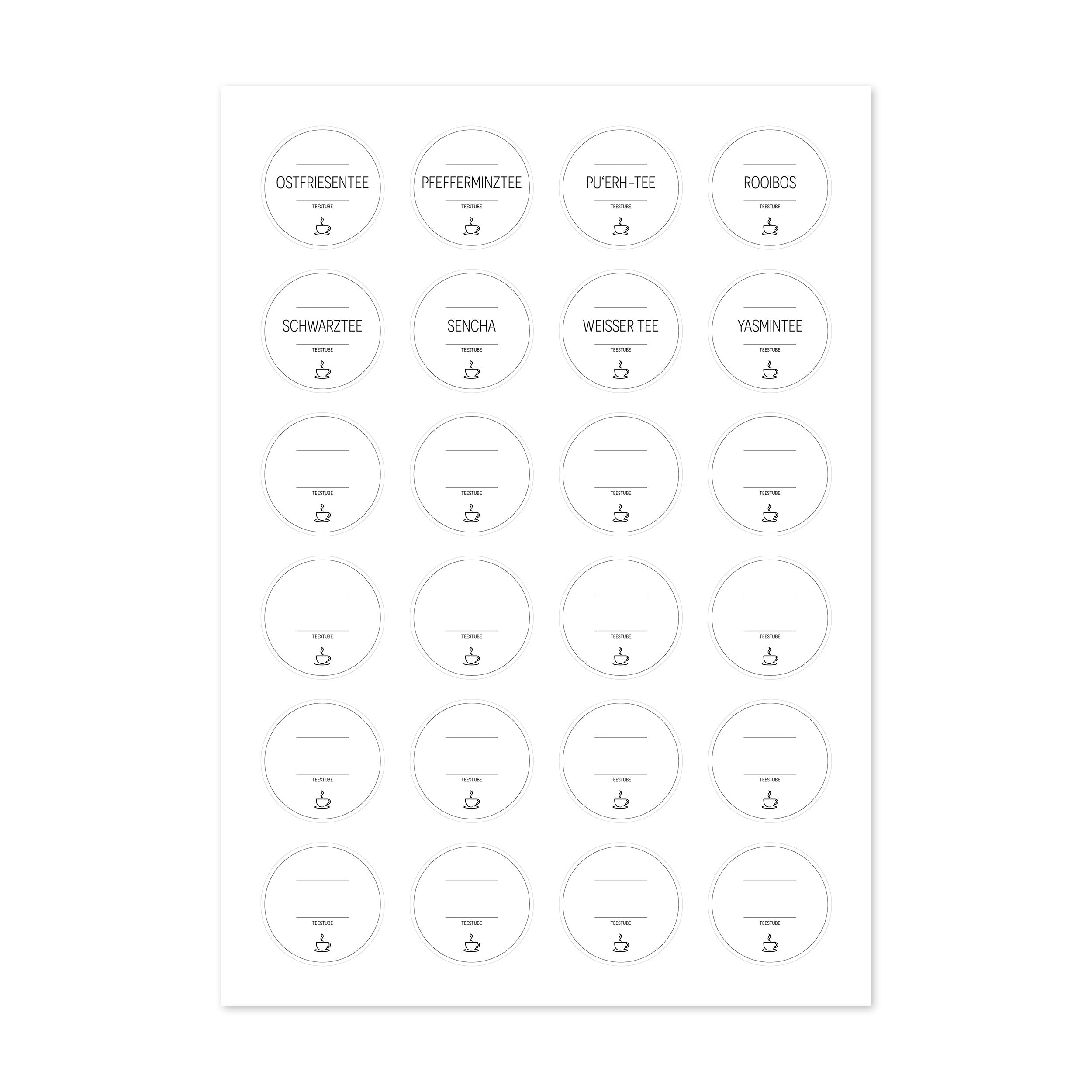 Runde weiße Teetassen-Aufkleber für Teedosen, Set mit 48 Aufklebern, perfekt für Teeetiketten, von aufkleberdrucker.de