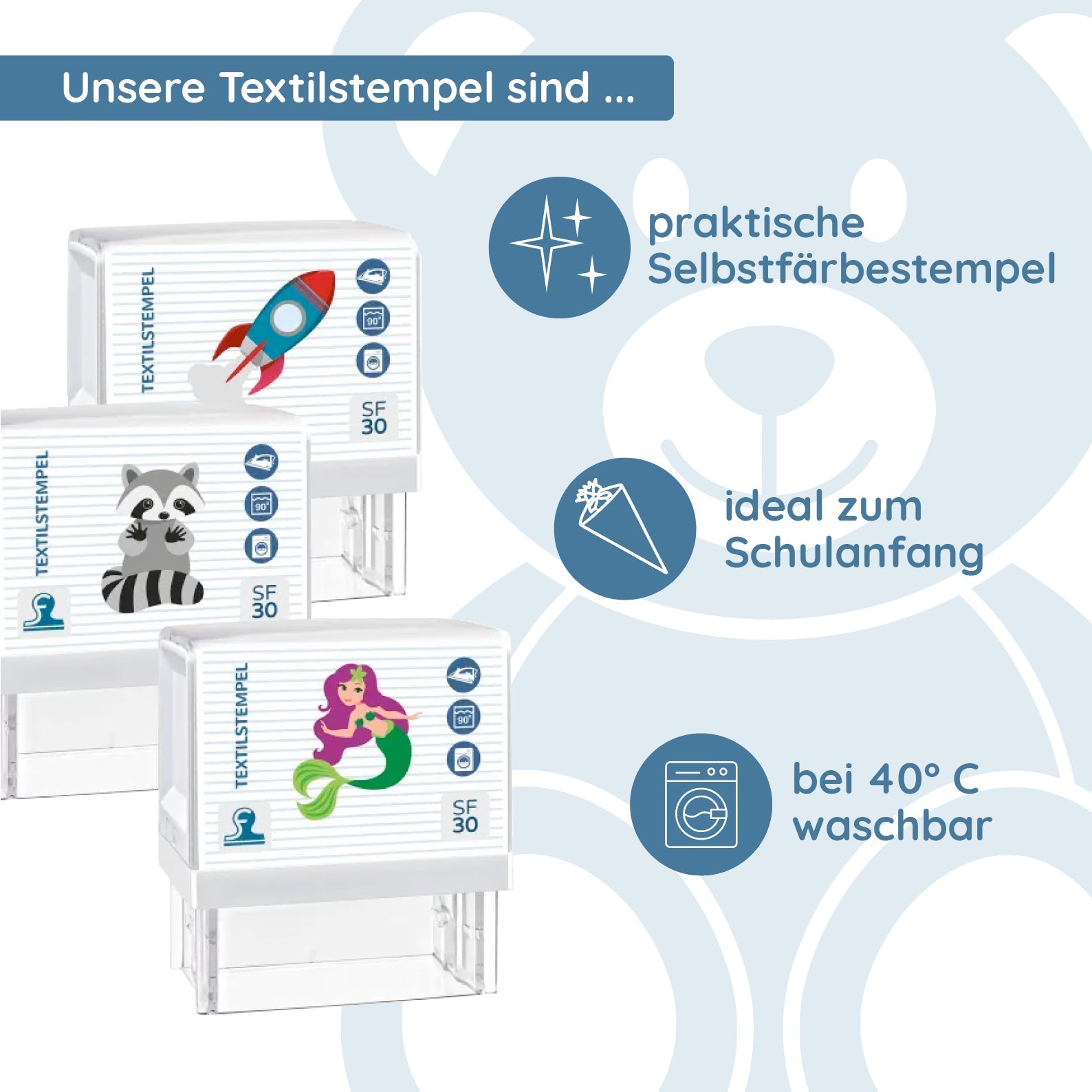 Kinder-Textilstempel von stempel-fabrik.de mit personalisiertem Motiv, 47 x 18 mm, für kreative Bedruckungen auf Textilien