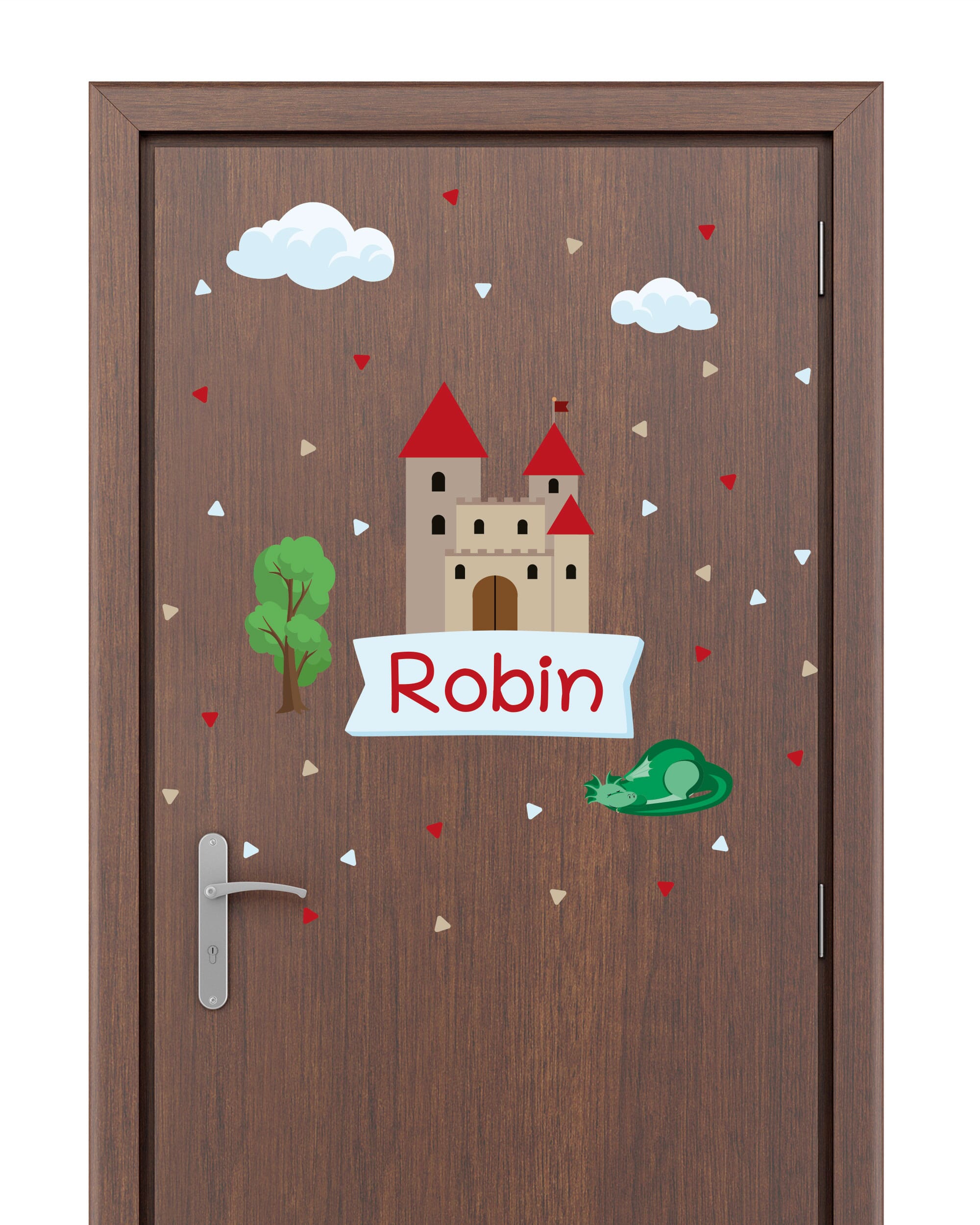 Individualisierbarer Türaufkleber mit Burgmotiv für Kinder, von aufkleberdrucker.de, zeigt farbenfrohes Wandtattoo auf Tür.