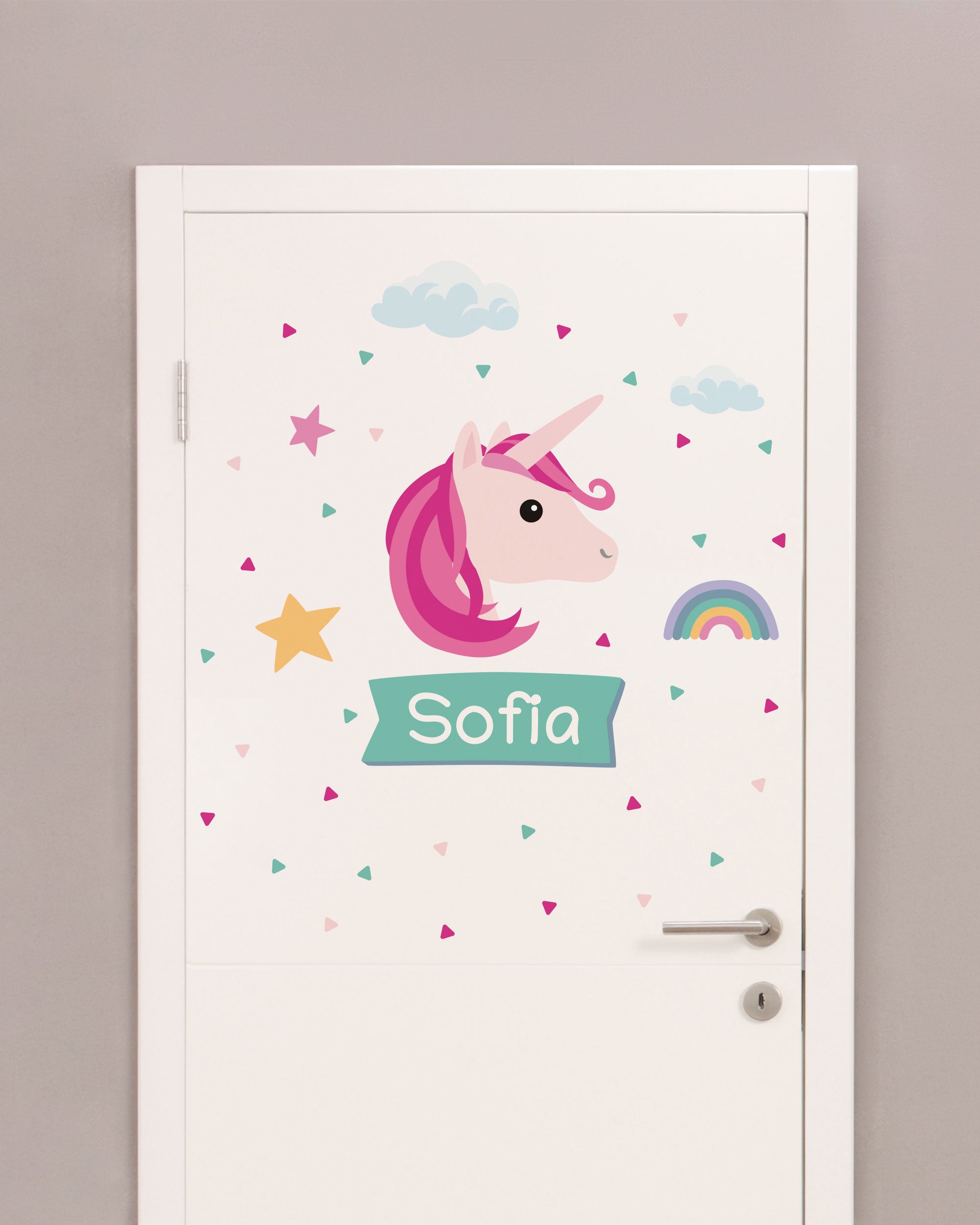 Individualisierbare Türaufkleber für das Kinderzimmer mit Einhornmotiv