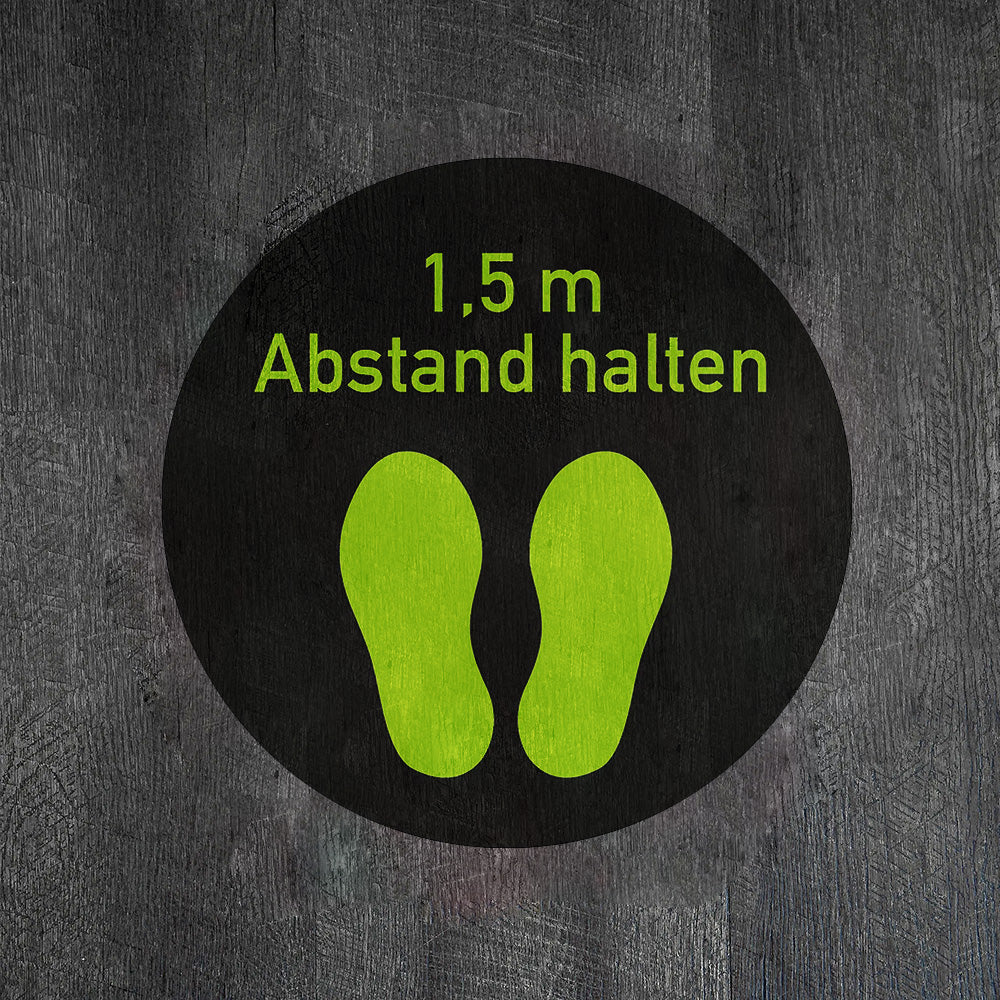 Fußbodenaufkleber mit 1,5m Abstand halten, 300x300 mm, klarer Markierung für soziale Distanz auf glattem Boden.