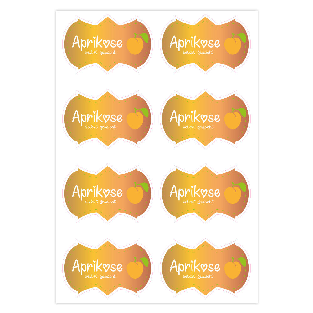 Aprikosenmarmelade Aufkleber im Set, 3 Bögen à 200x300 mm, mit fruchtigem Aprikosenmotiv und ansprechendem Design