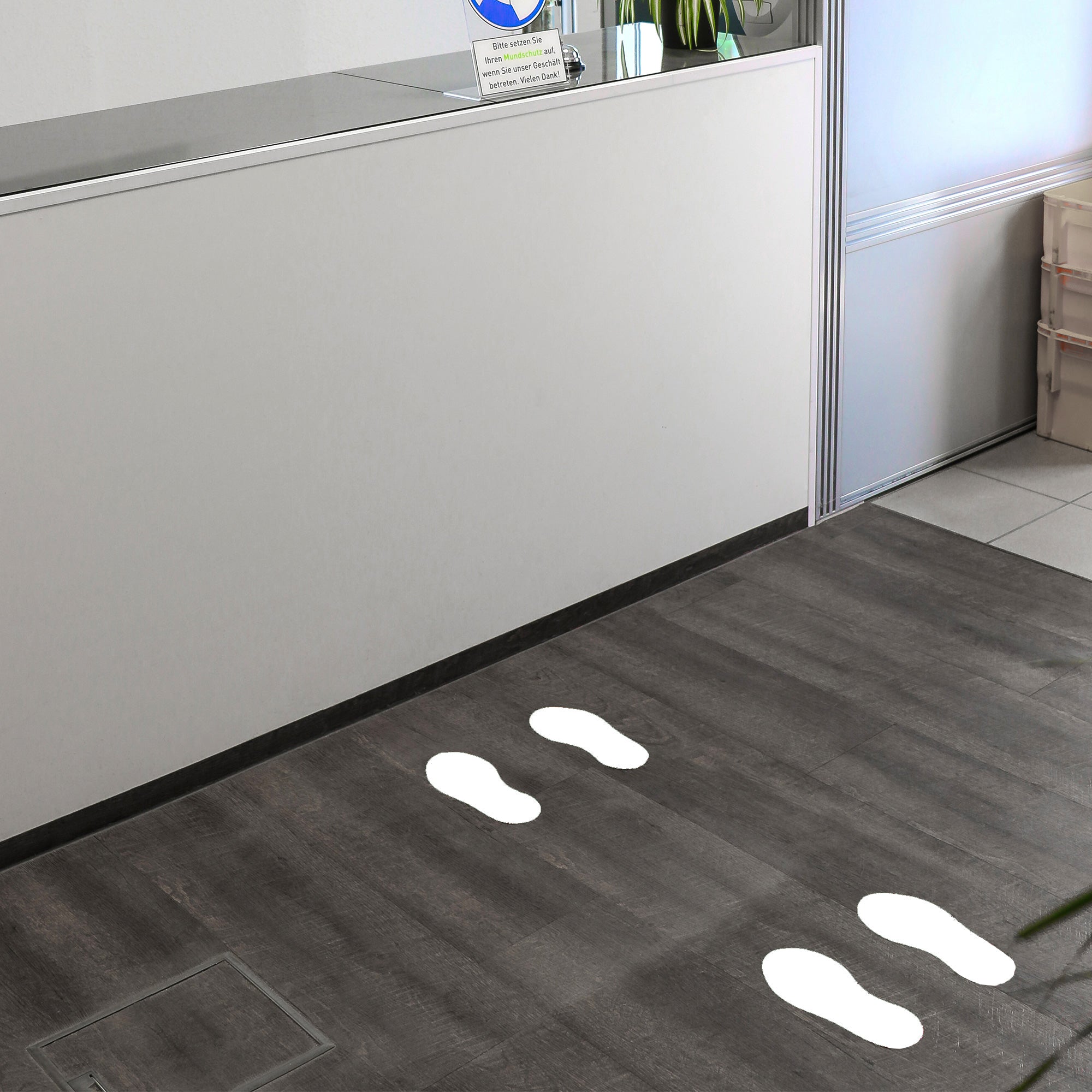 Weißer Fußbodenaufkleber für Fußpaar, 10 Stück, 250x110 mm, geeignet für Markierungen auf Böden, von aufkleberdrucker.de