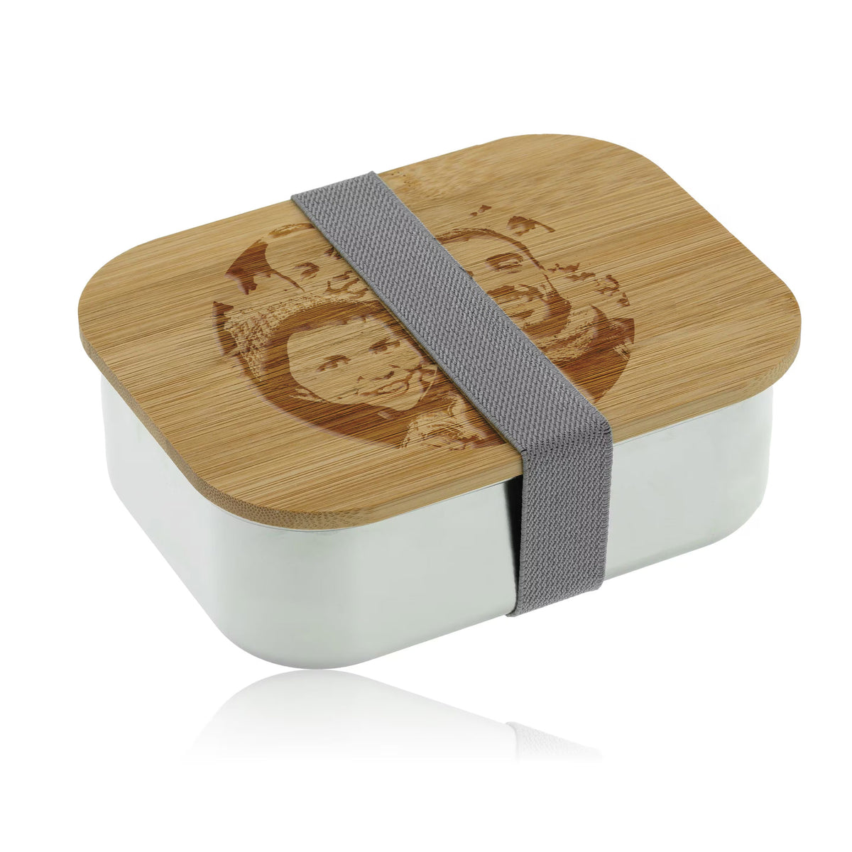 Edelstahl-Brotdose mit Bambusdeckel, Verschluss und Gravur, ideal für Kinder, mit kindgerechtem Design.