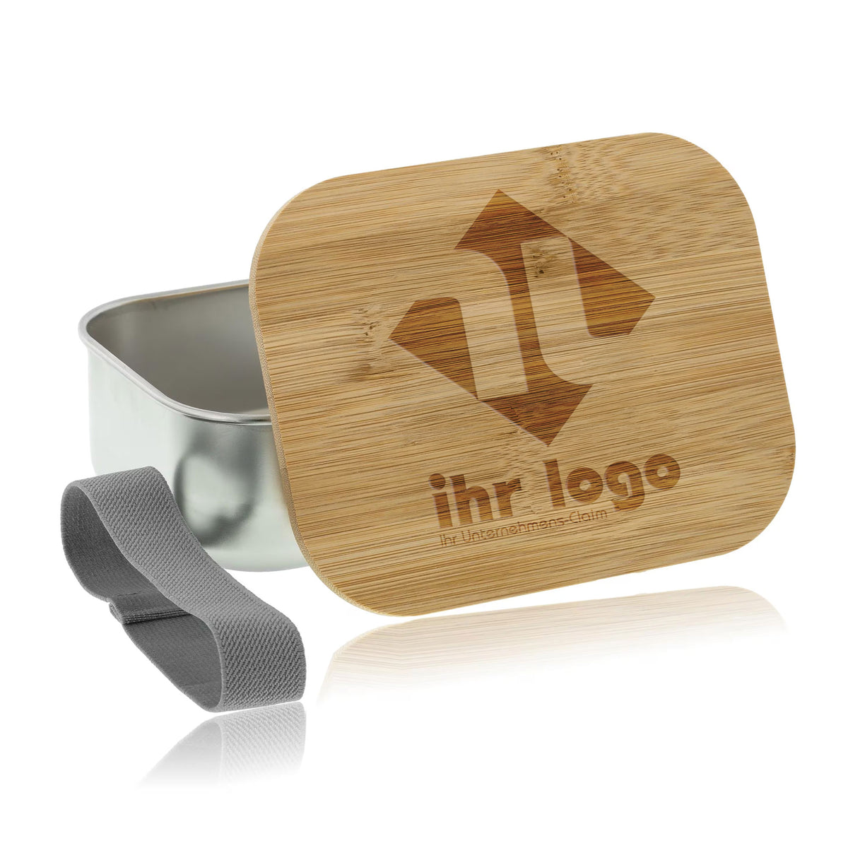 Edelstahl-Brotdose mit Bambusdeckel und Verschluss, inklusive Gravur, ideal für Kinder, von kinder-druckerei.de.