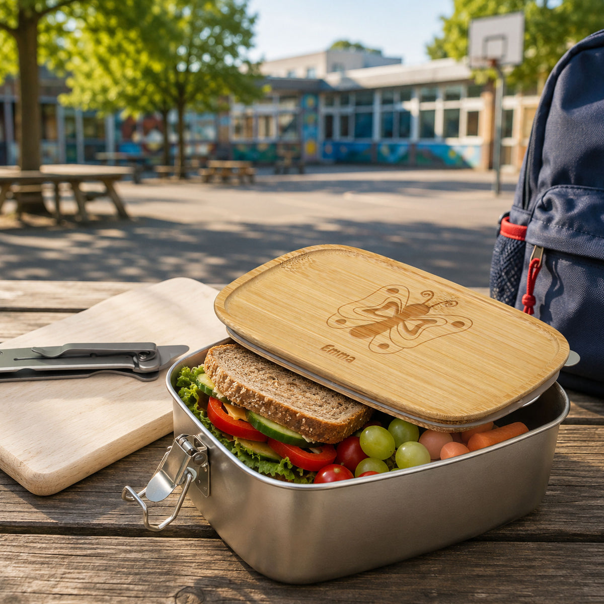 Edelstahl-Brotzeitdose mit Bambusdeckel und Verschluss, individuell gravierbar, für Kinder, von kinder-druckerei.de