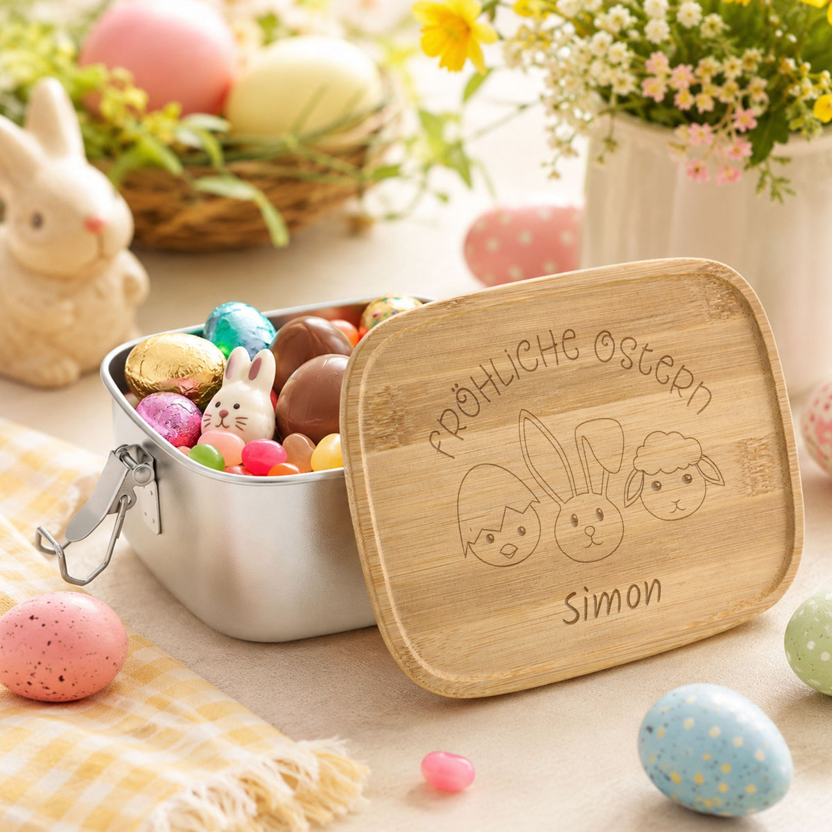Edelstahl-Brotdose mit Bambusdeckel und Verschluss, inklusive Gravur, ideal für Kinder | kinder-druckerei.de