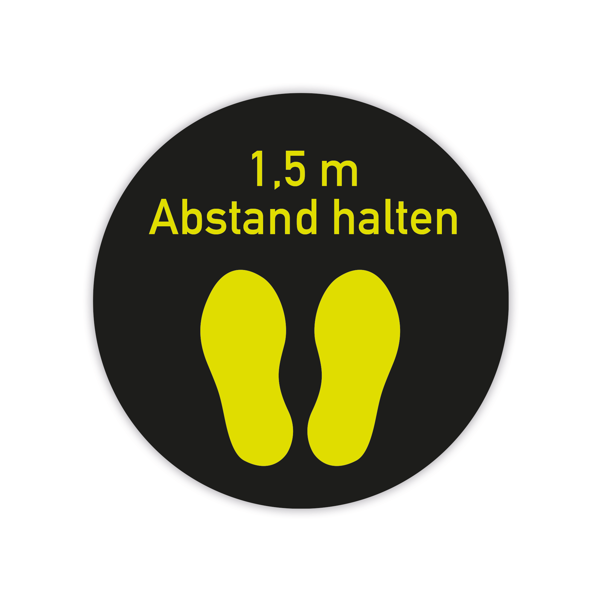 Gelber Fußbodenaufkleber zum Abstandhalten, 1,5 m, 300x300 mm, von aufkleberdrucker.de, auf glatter Oberfläche sichtbar