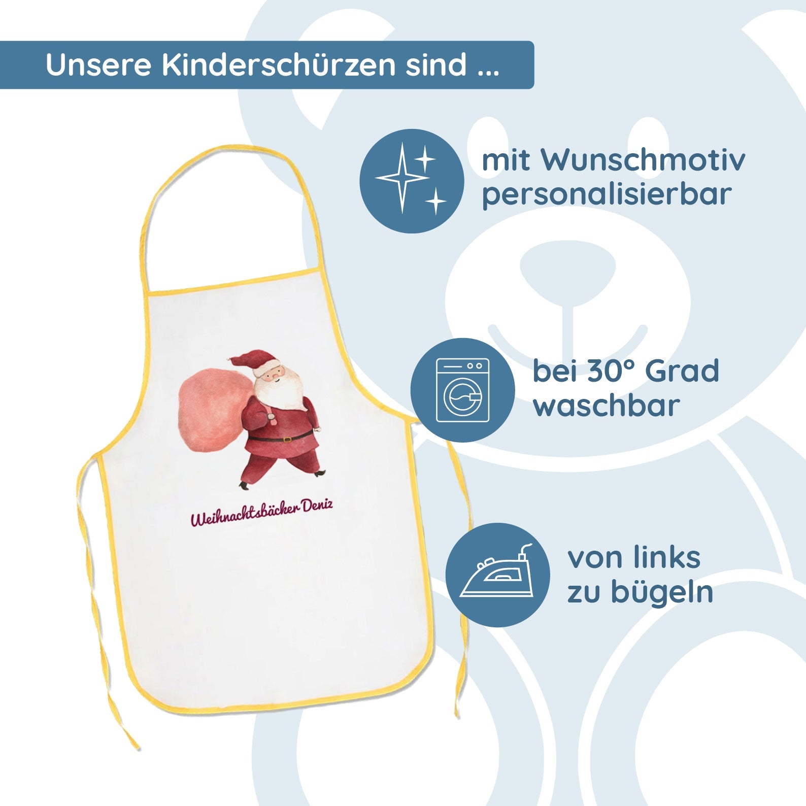 Bunte Kinderschürze mit individuellem Druck für Kinder, aus Baumwolle, von kinder-druckerei.de, mit bunten Motiven und personalisiertem Design.