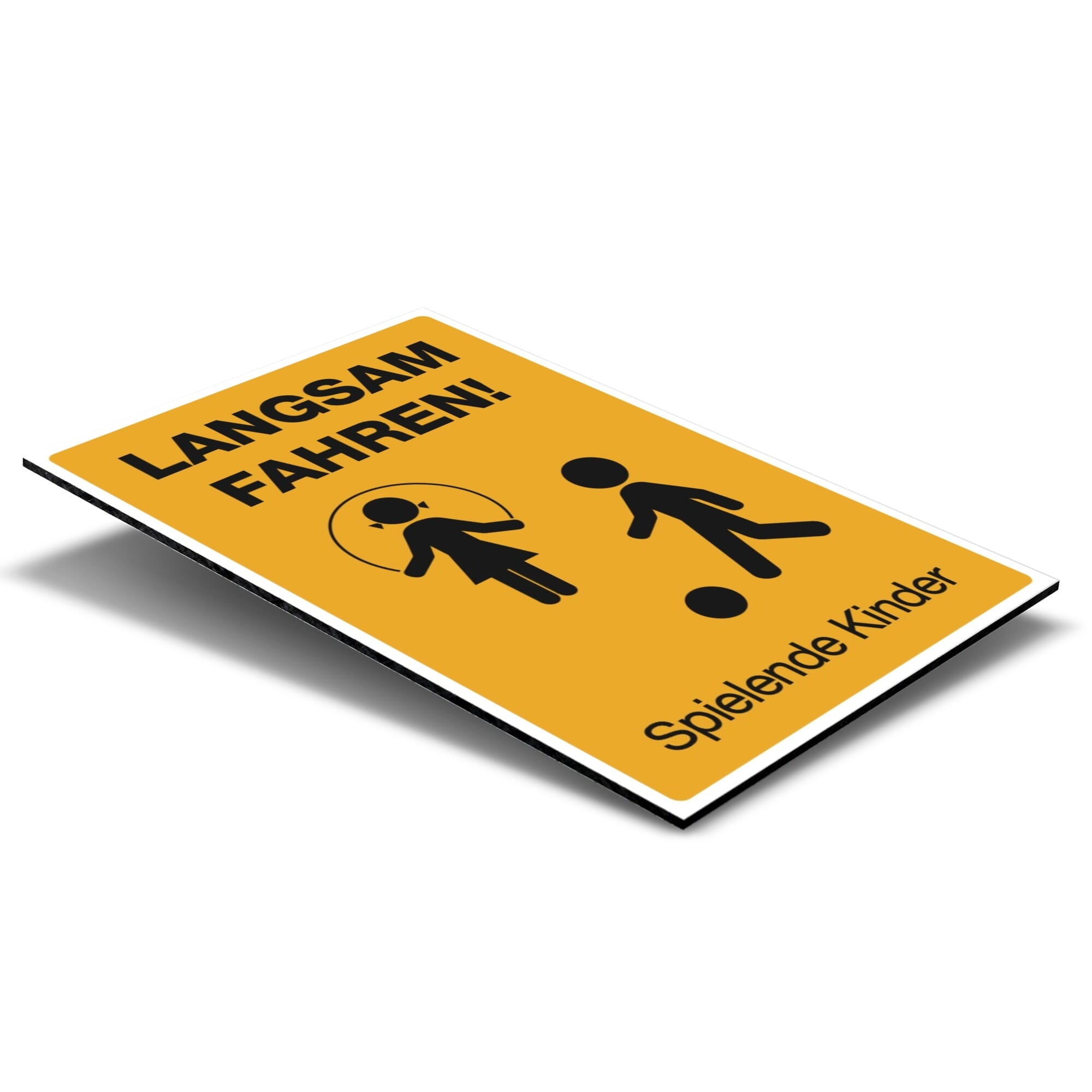 Schild "Langsam fahren! Spielende Kinder" mit Piktogramm, Verkehrszeichen für sichere Fahrweise in der Nähe von Spielplätzen
