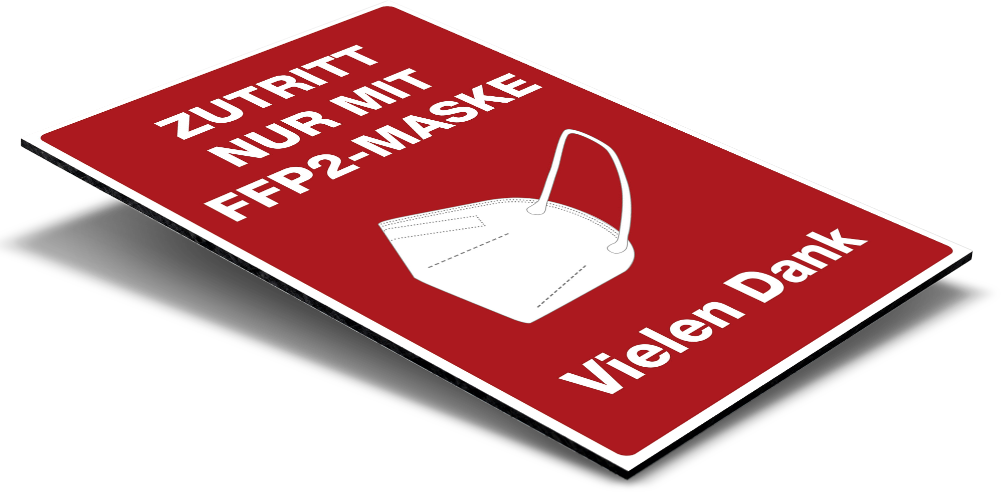 Alu-Verbundschild signalrot mit Aufschrift "Zutritt nur mit FFP2-Maske" in 200x300x4 mm, sichtbar auf Bild.