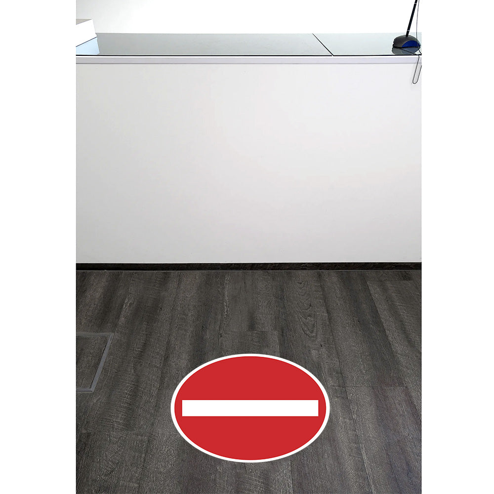 Fußbodenaufkleber "Durchgang verboten" in 30x30 cm, rote Schrift auf transparentem Hintergrund, für Bodenmarkierungen.