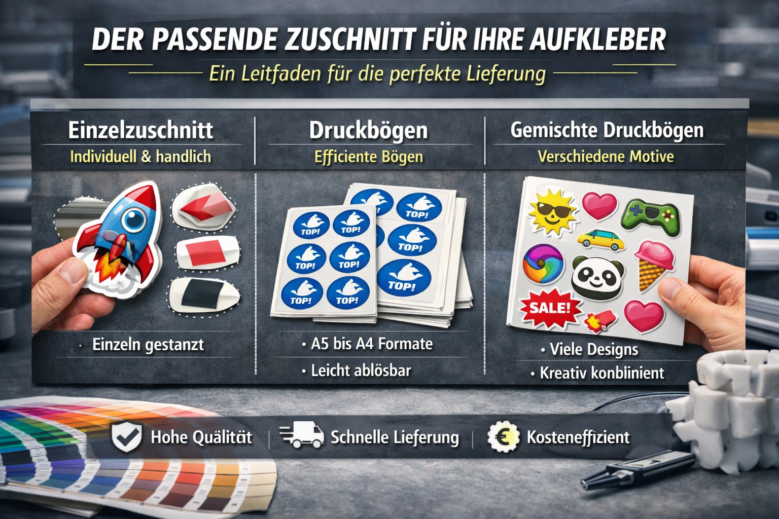 Verschiedene Aufkleber-Zuschneideoptionen: Einzelzuschnitt und Druckbögen — aufkleberdrucker.de